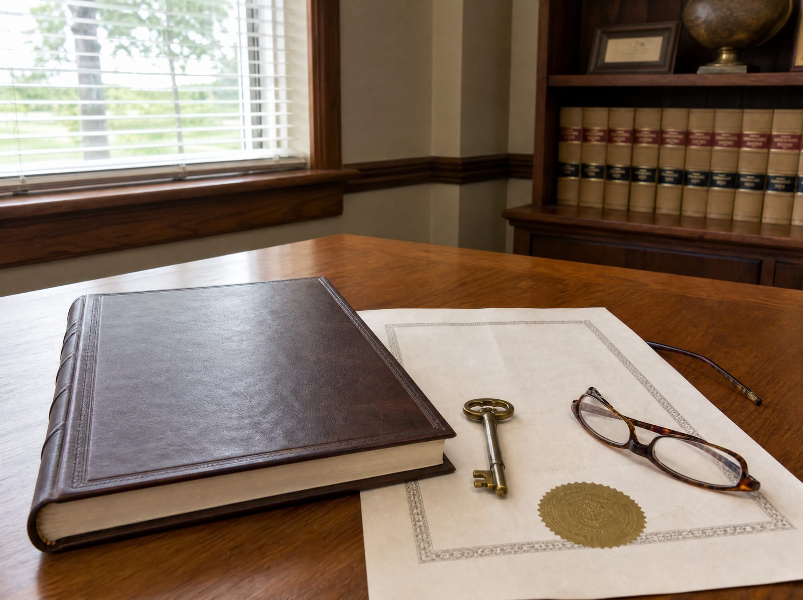 A bound trust document and a formal property deed on a warm wood desk with a brass key and reading glasses
