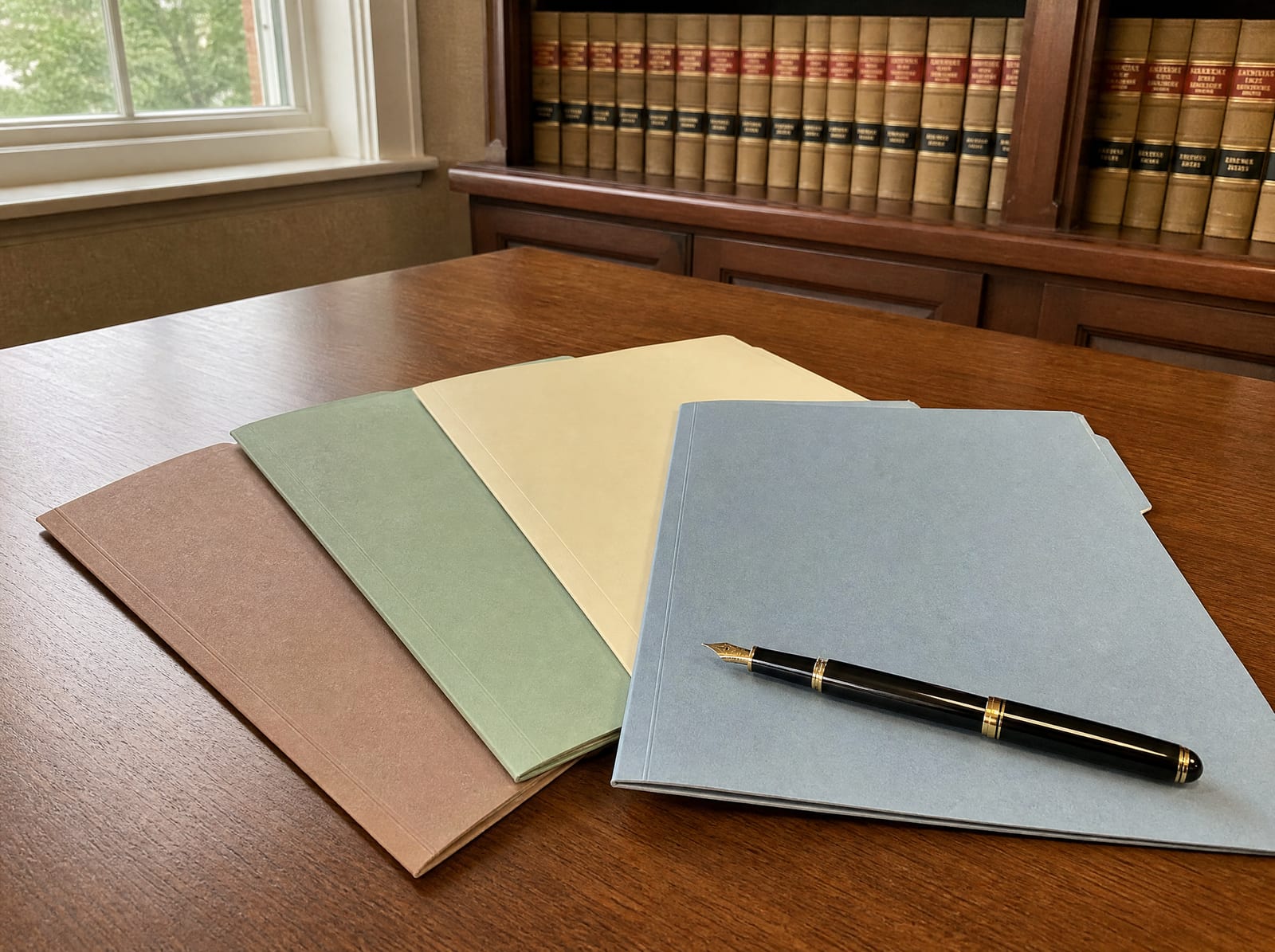 Several muted-color legal document folders fanned out on a warm wood desk with a fountain pen, representing different types of trusts