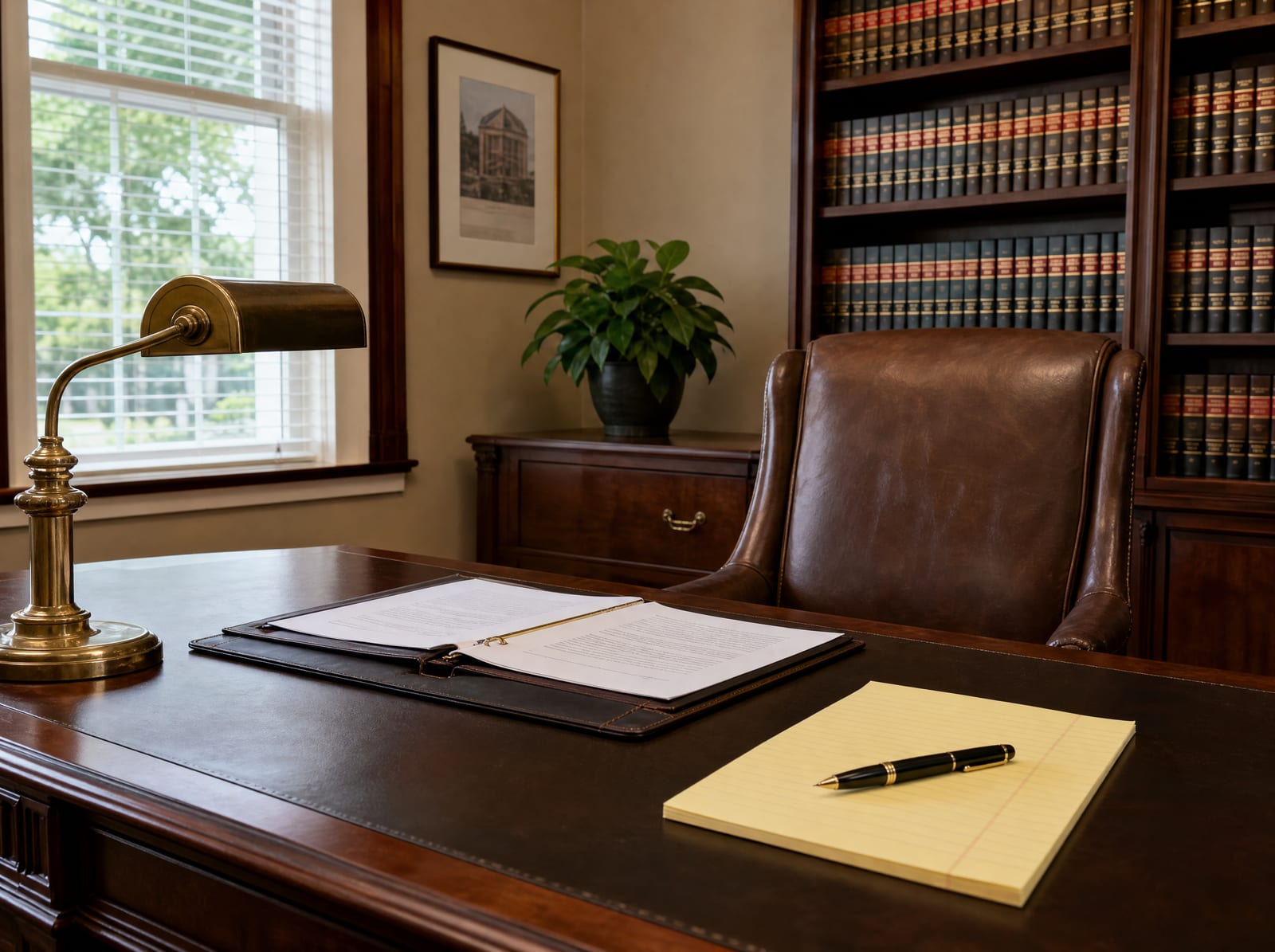 A handsome attorney's desk with a leather chair, an open document folder, a legal pad and fountain pen, a brass lamp, and a wall of law books