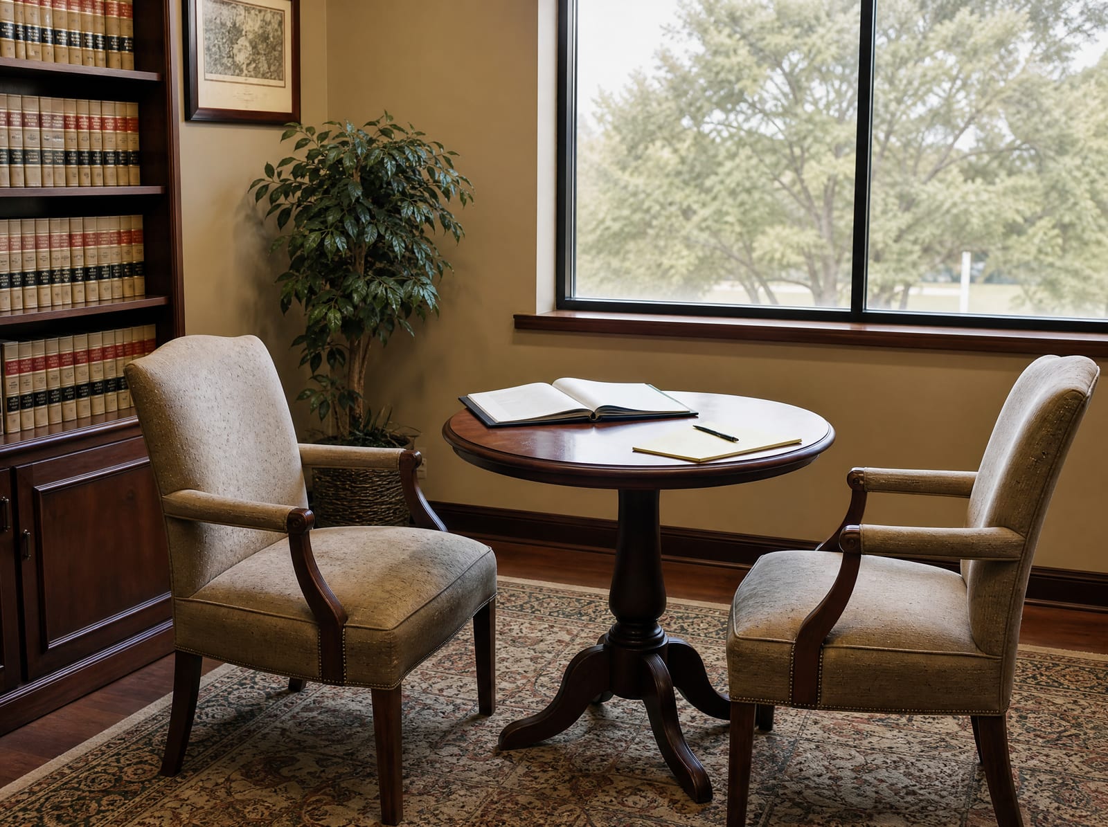 A welcoming consultation corner with two upholstered chairs and a small table by a window, an open folder and a legal pad, and a leafy plant