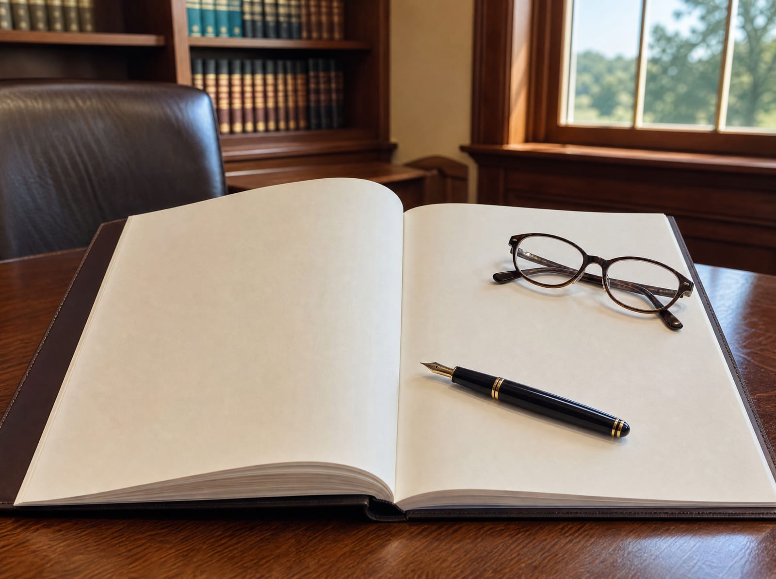 A close view of a formal bound legal document on a wood desk with a fountain pen resting on the page and reading glasses beside it