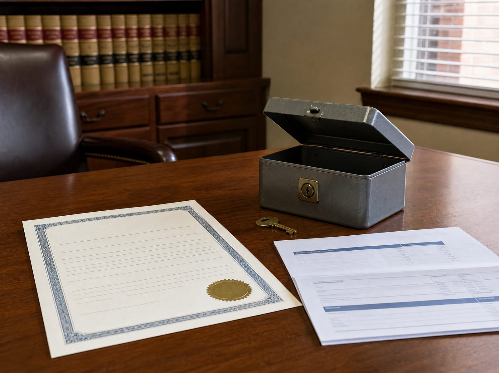 A property deed, a folded financial statement, a small metal lockbox with the lid ajar, and a brass key on a desk, suggesting funding a trust with assets