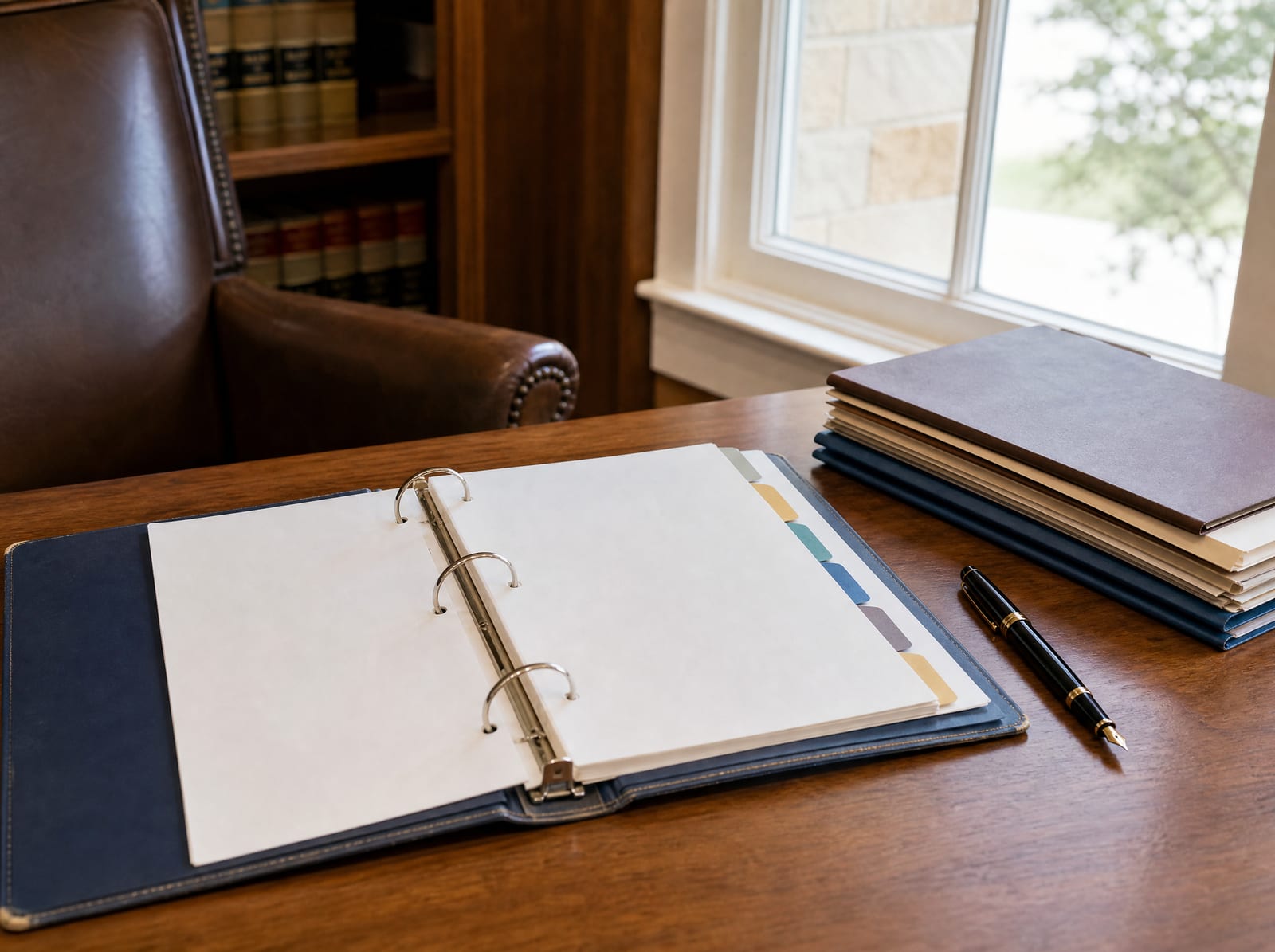A tabbed three-ring estate-planning binder open to section dividers on a wood desk beside a neat stack of folders and a fountain pen