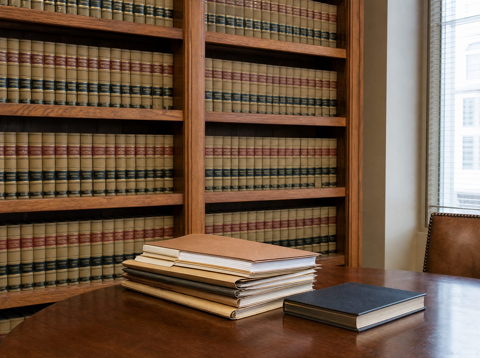 A law-firm library wall of bound law reporters beside a reading table with a neat stack of closed case files