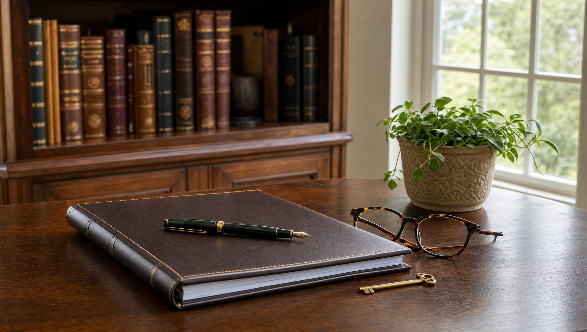 A handsome dark-wood home-study desk with a bound trust document, a fountain pen, reading glasses, a brass key, and a potted plant, with leather-bound books behind