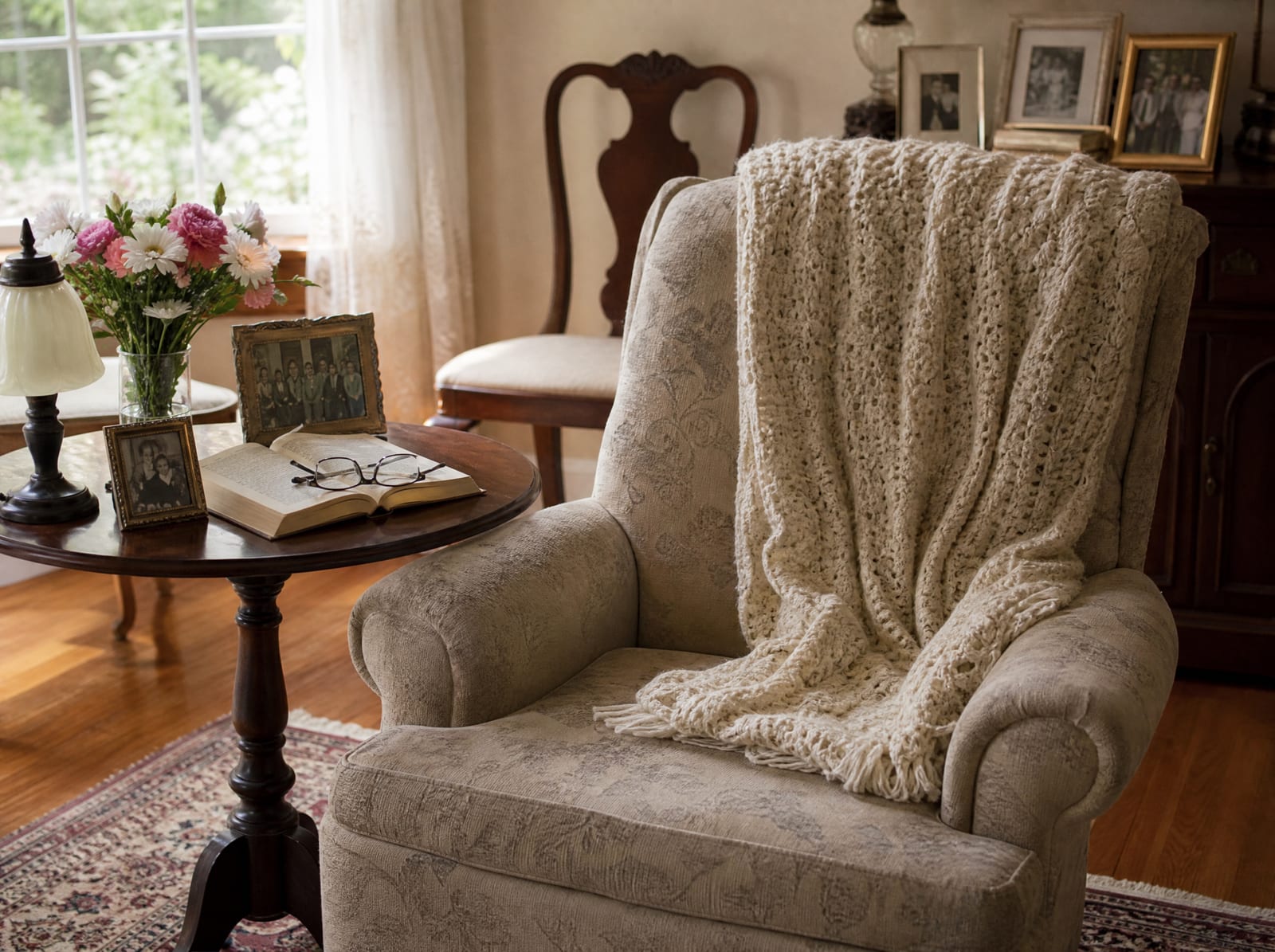 A cozy sunlit living room in a longtime family home with a comfortable armchair and a folded knitted throw, framed photographs on a side table, reading glasses resting on an open book, and a vase of fresh flowers
