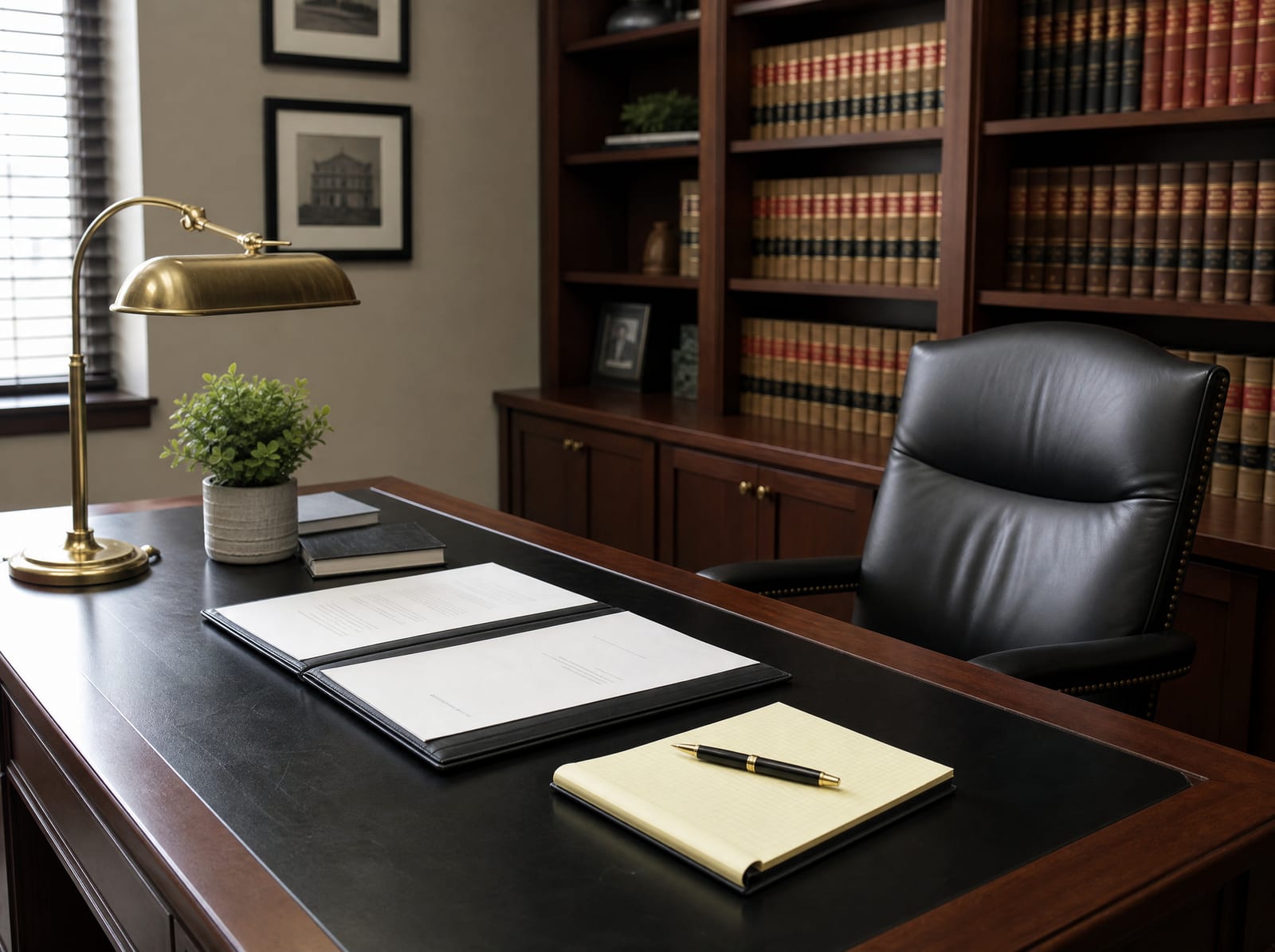 A handsome attorney's office with a dark-wood desk and leather chair, an open document folder, a legal pad and fountain pen, a brass desk lamp, and a wall of bound law books, representing a full range of related legal services