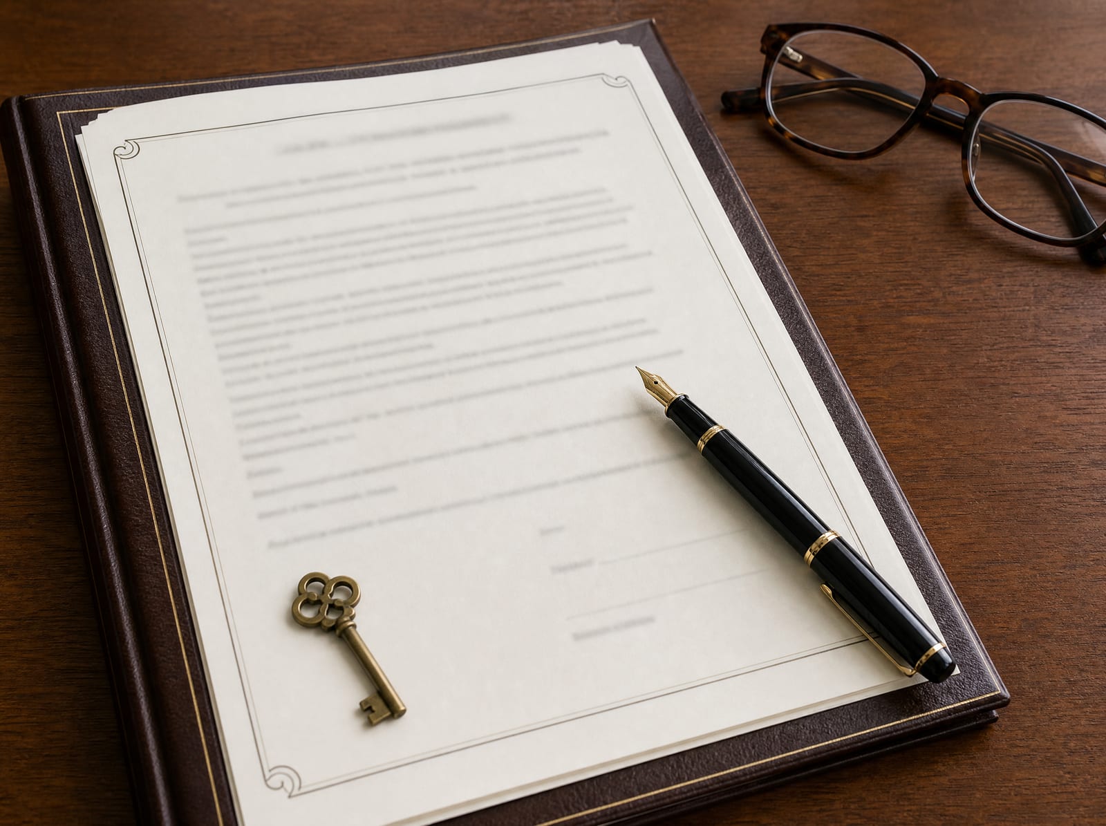 A close view of a formal bound legal document resembling an advance directive and durable power of attorney on a warm walnut desk, with a fountain pen resting on the page, reading glasses, and a small brass key