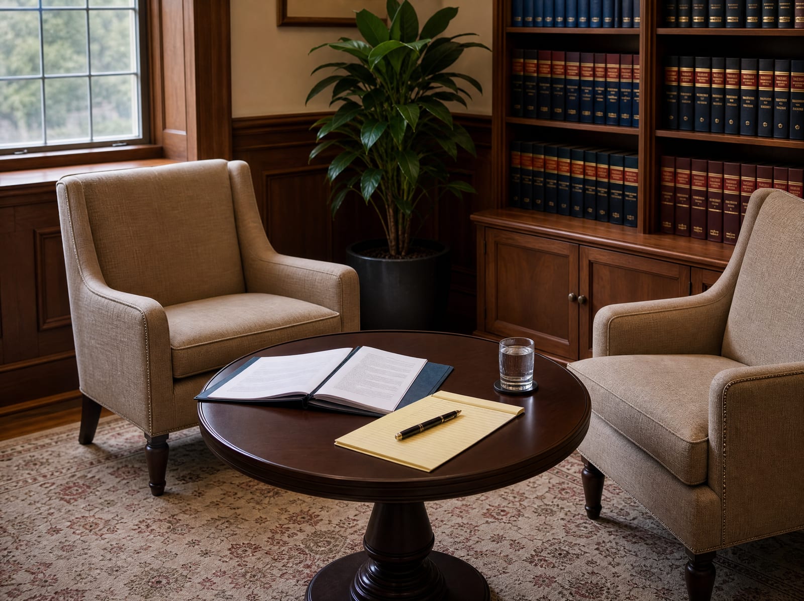 A warm, reassuring law-office consultation corner with two upholstered armchairs angled toward a small round table holding an open folder and a legal pad, beside a shelf of law books and a leafy potted plant