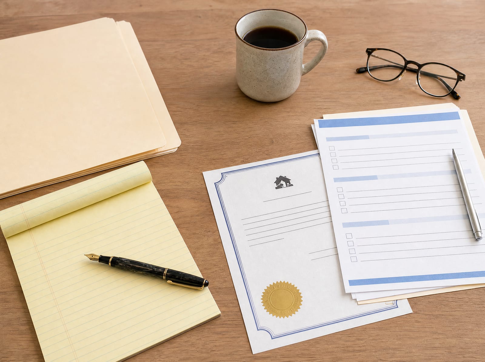 A warm wood desk arranged for an elder-law intake and assessment, with a manila intake folder, a legal pad and fountain pen, a property deed and a care-planning checklist, and reading glasses