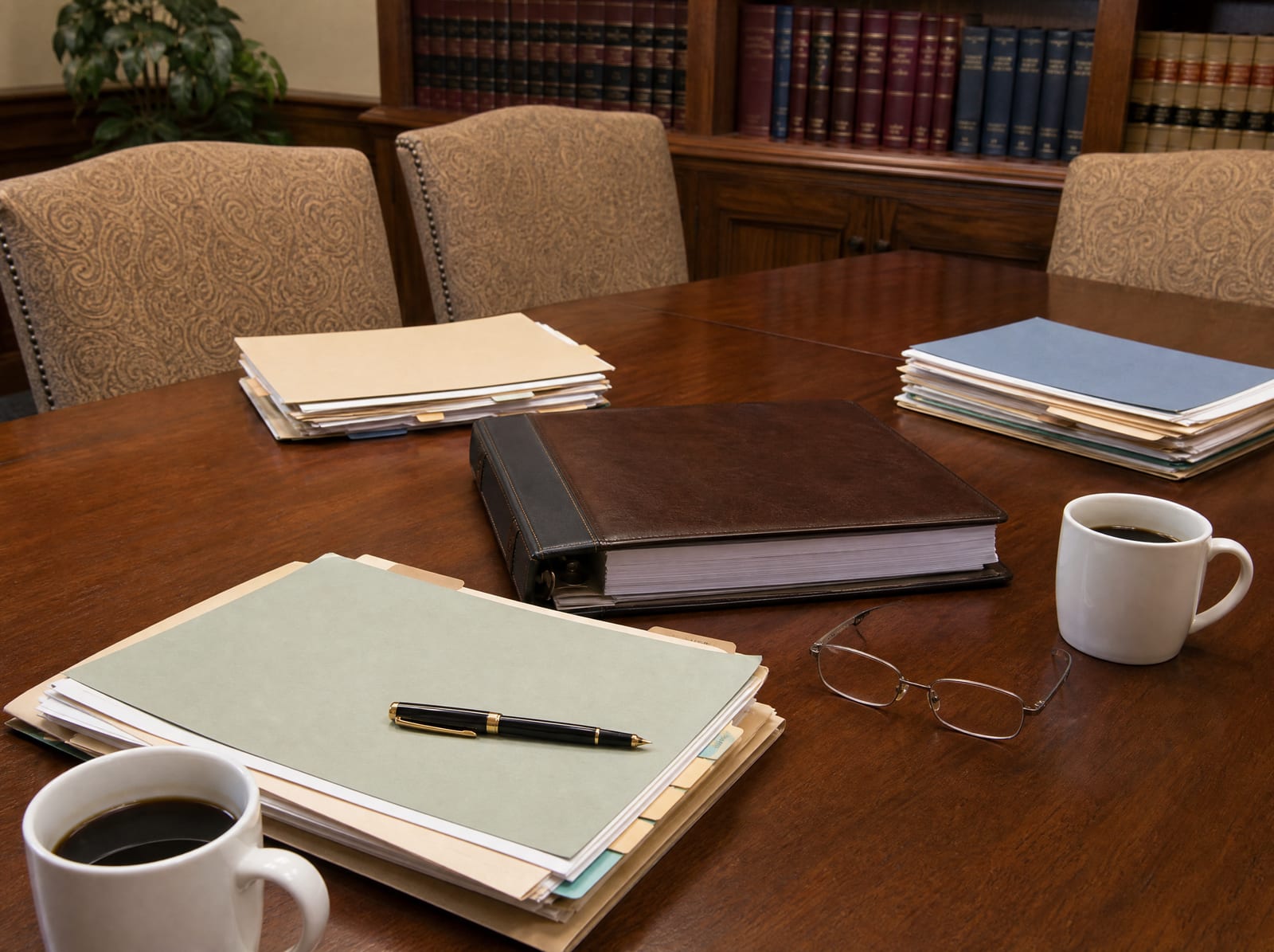 A warm law-office meeting table set for a family assessment, with tabbed folders, a bound estate-planning binder, reading glasses, and a fountain pen, upholstered chairs and a shelf of law books behind