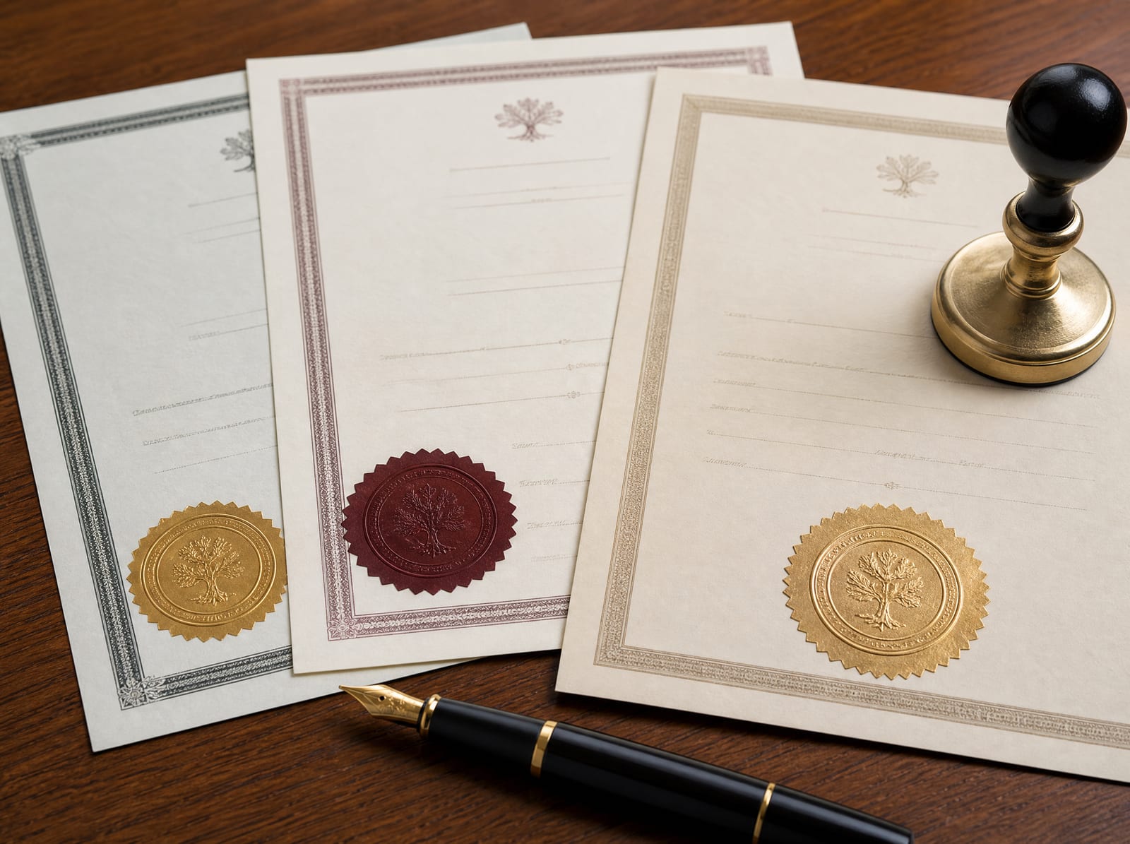 A close view of a fanned set of formal legal documents resembling a will, a trust, and a durable power of attorney on a warm wood desk, beside a fountain pen and a brass notary seal embosser