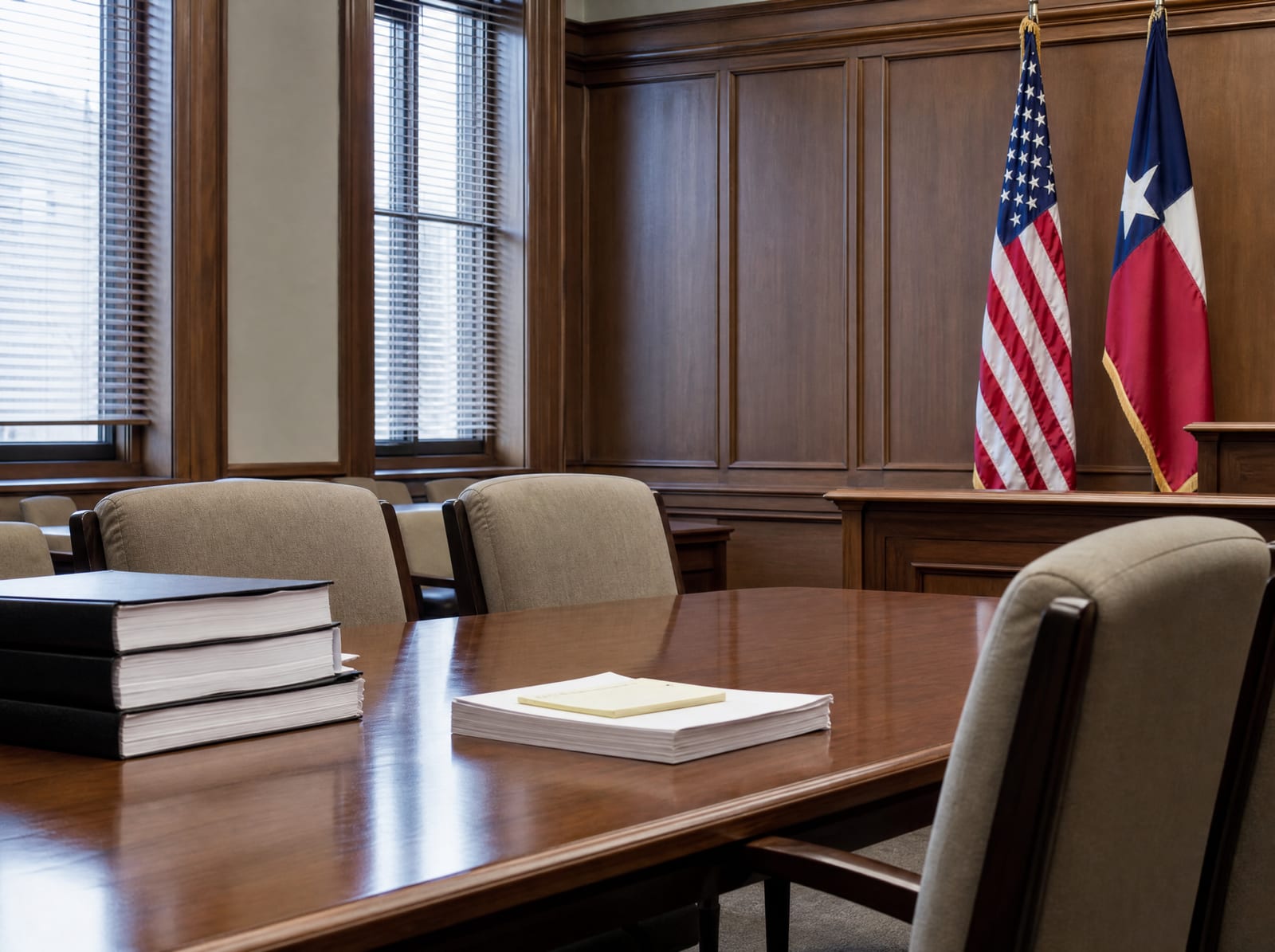 An orderly courthouse hearing room set for a guardianship proceeding, with a long polished wood table and upholstered chairs, a United States flag and a Texas flag, and neat stacks of bound documents