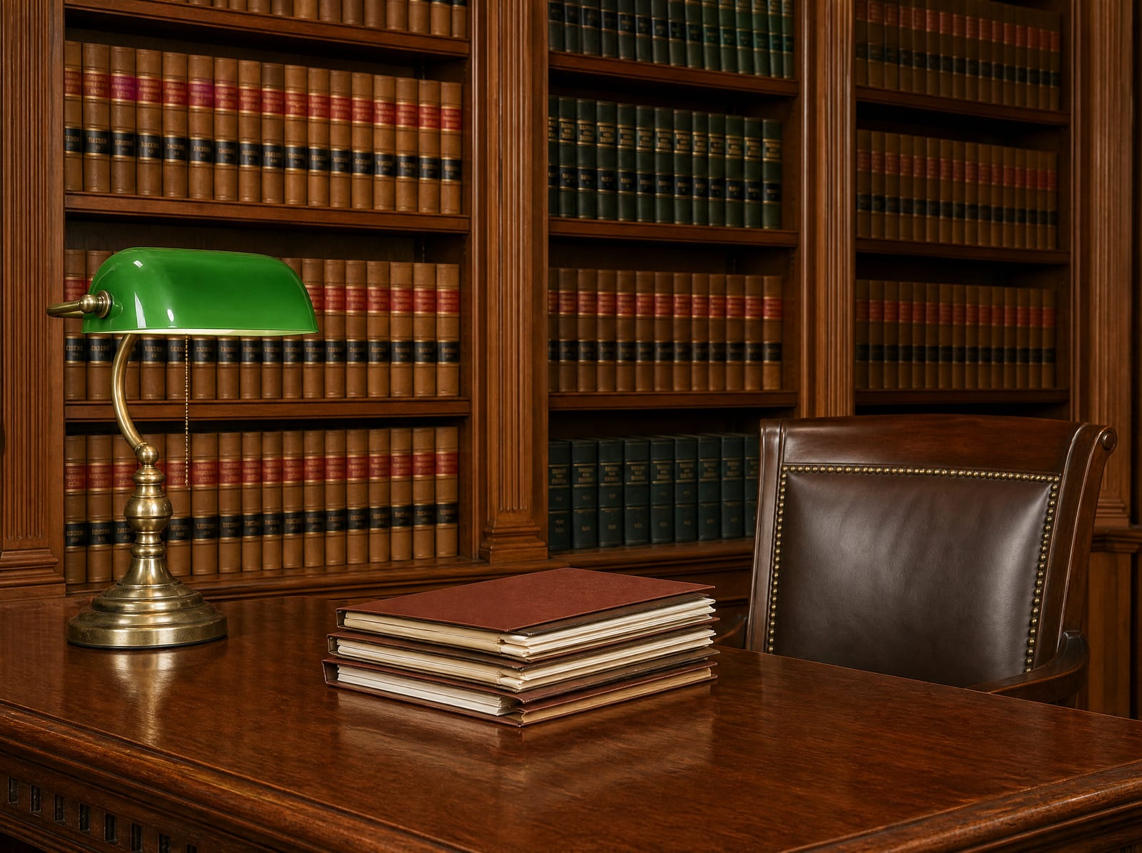 A warm, inviting law-firm library with floor-to-ceiling shelves of bound law reporters, a solid wood reading table with a green-shaded brass banker's lamp, a neat stack of closed case files, and a leather chair