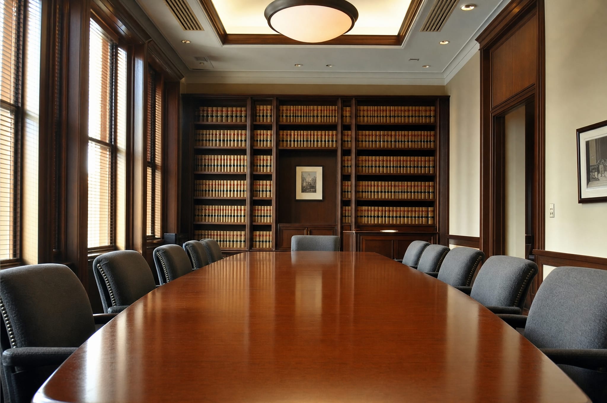 A dignified law-firm conference room with a long polished wood table, upholstered chairs, and a wall of bound law books in soft daylight