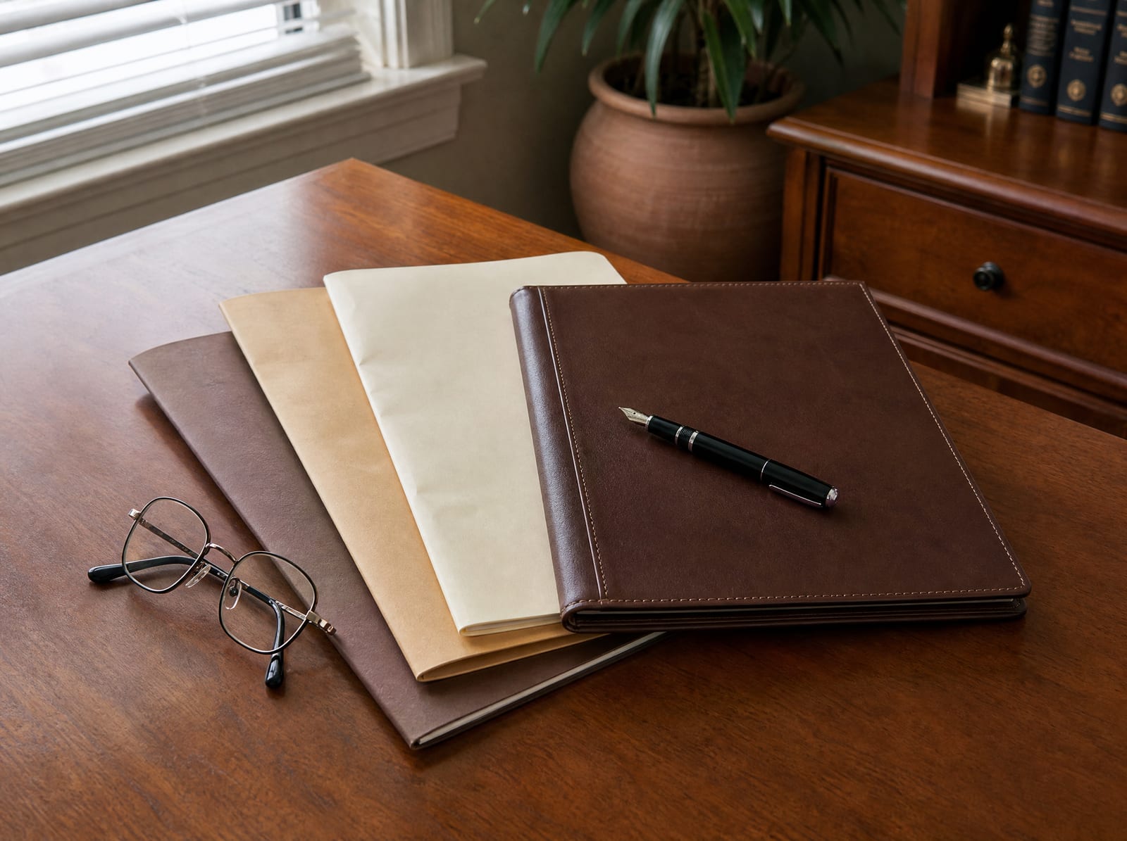 Neatly stacked and fanned legal document folders and a bound booklet on a warm wood desk with a fountain pen and reading glasses
