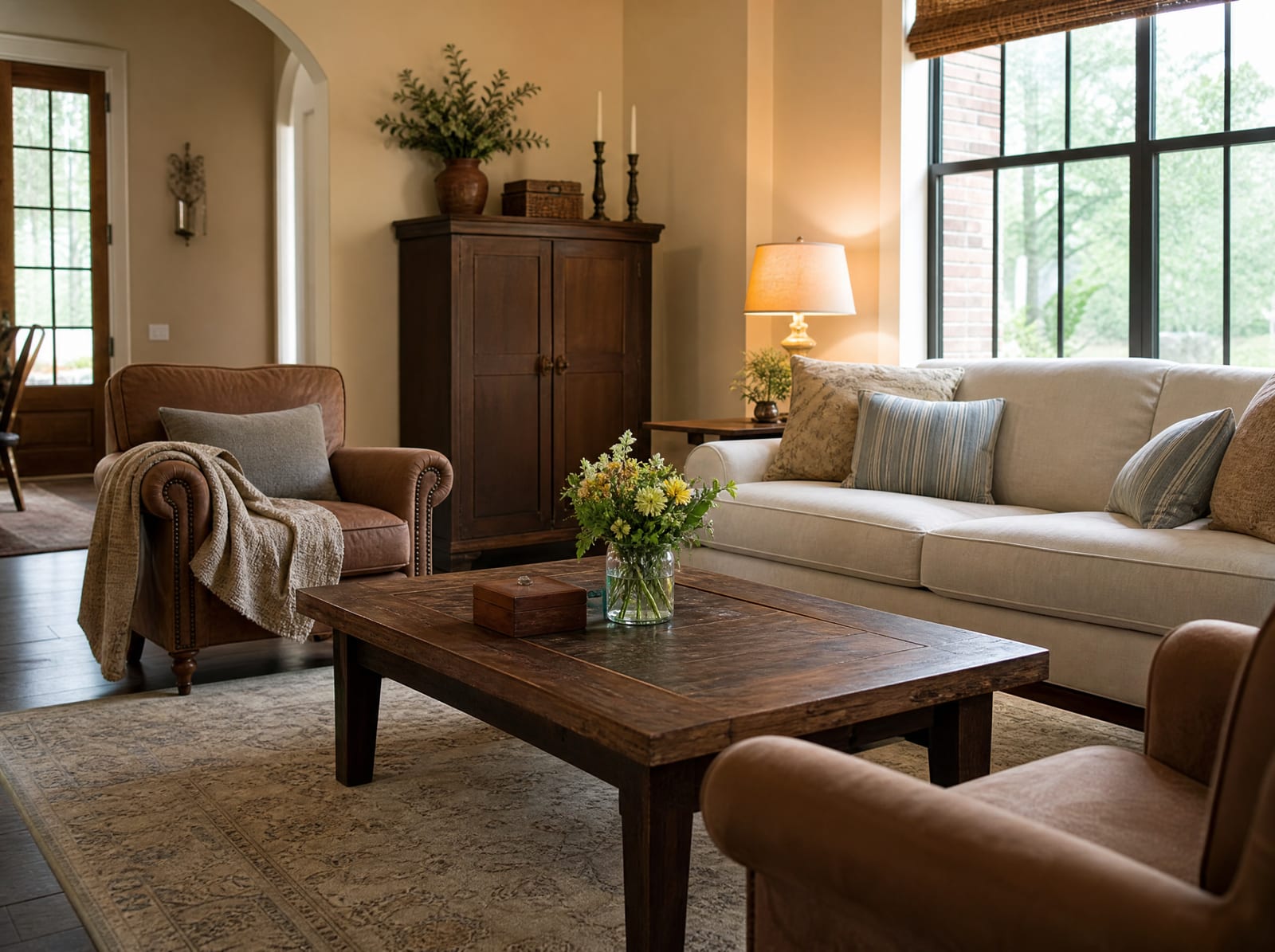 A cozy, inviting family living room with a sofa and armchairs, a coffee table with a keepsake box and a vase of flowers, and warm lamplight