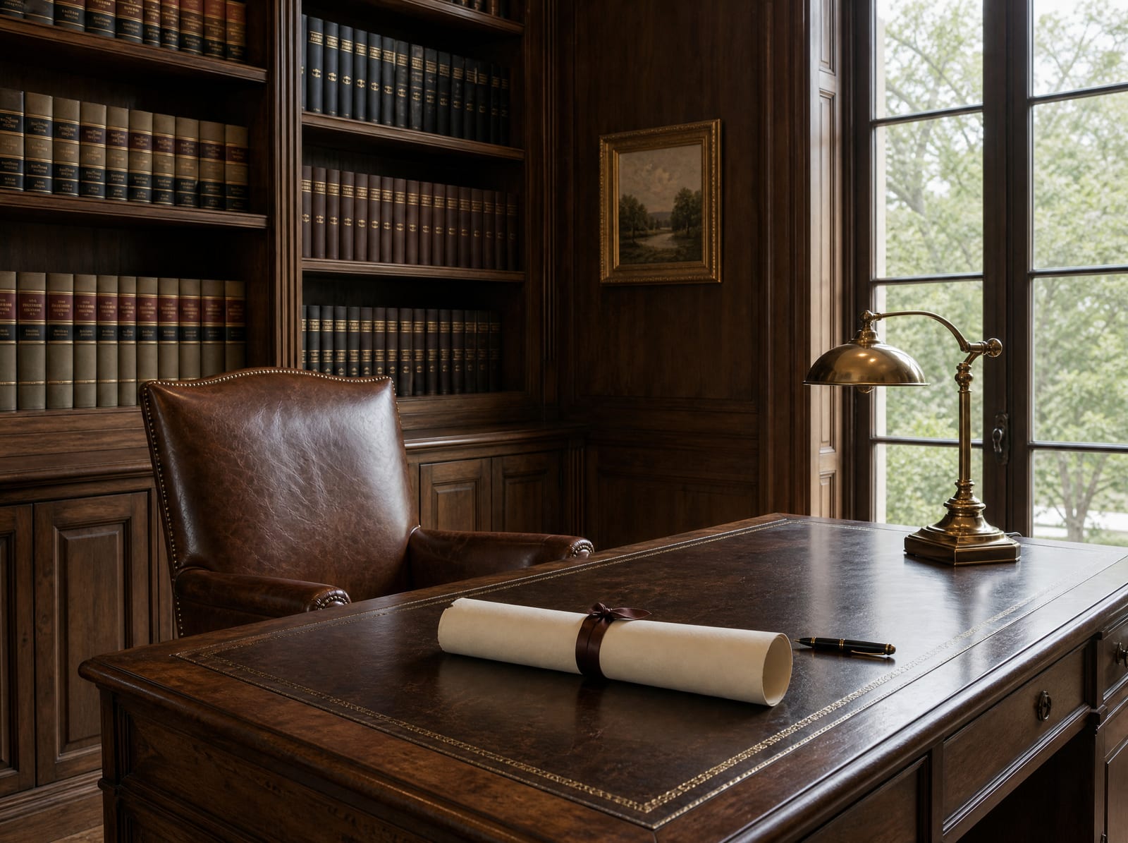 An elegant private home study or library with a dark-wood desk, a leather chair, floor-to-ceiling bookshelves, and a brass desk lamp