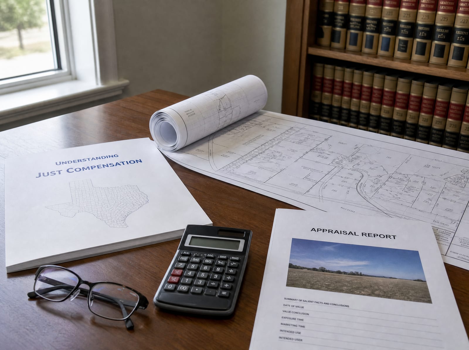 A property plat map, a printed appraisal report, a calculator, and reading glasses on a law-office desk