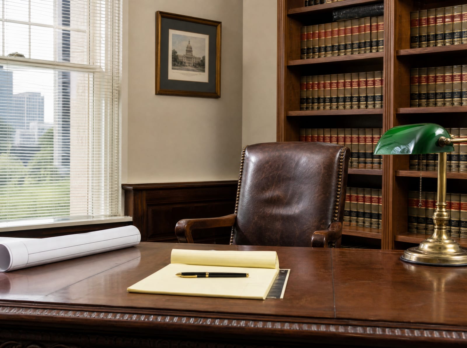 A dignified attorney's office with a wooden desk, a leather chair, a green banker's lamp, and a wall of bound law books