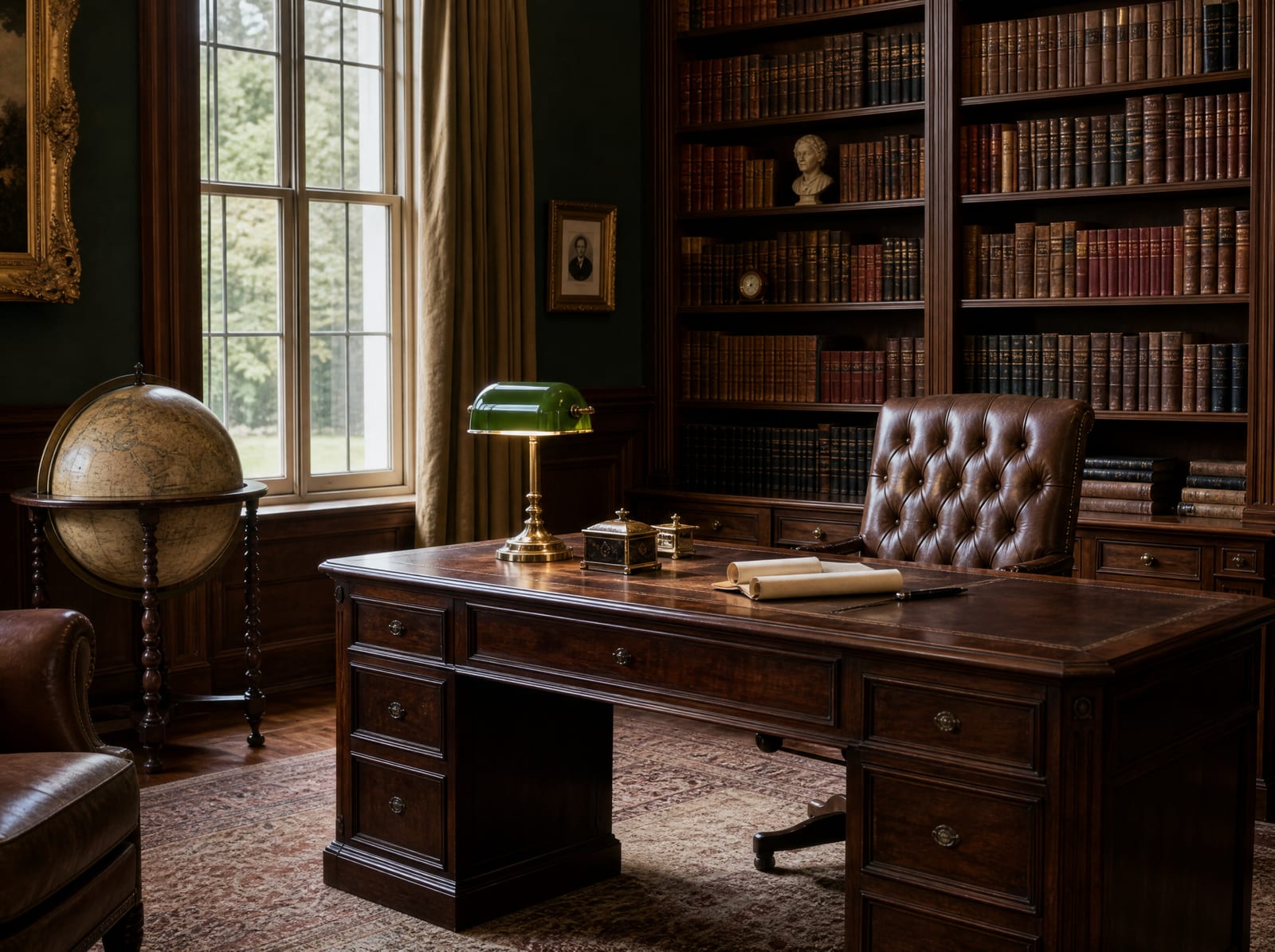 An elegant private home study for a substantial estate, with a dark-walnut partner's desk, a tufted leather chair, floor-to-ceiling bookshelves of leather-bound volumes, a brass banker's lamp, and a globe on a stand