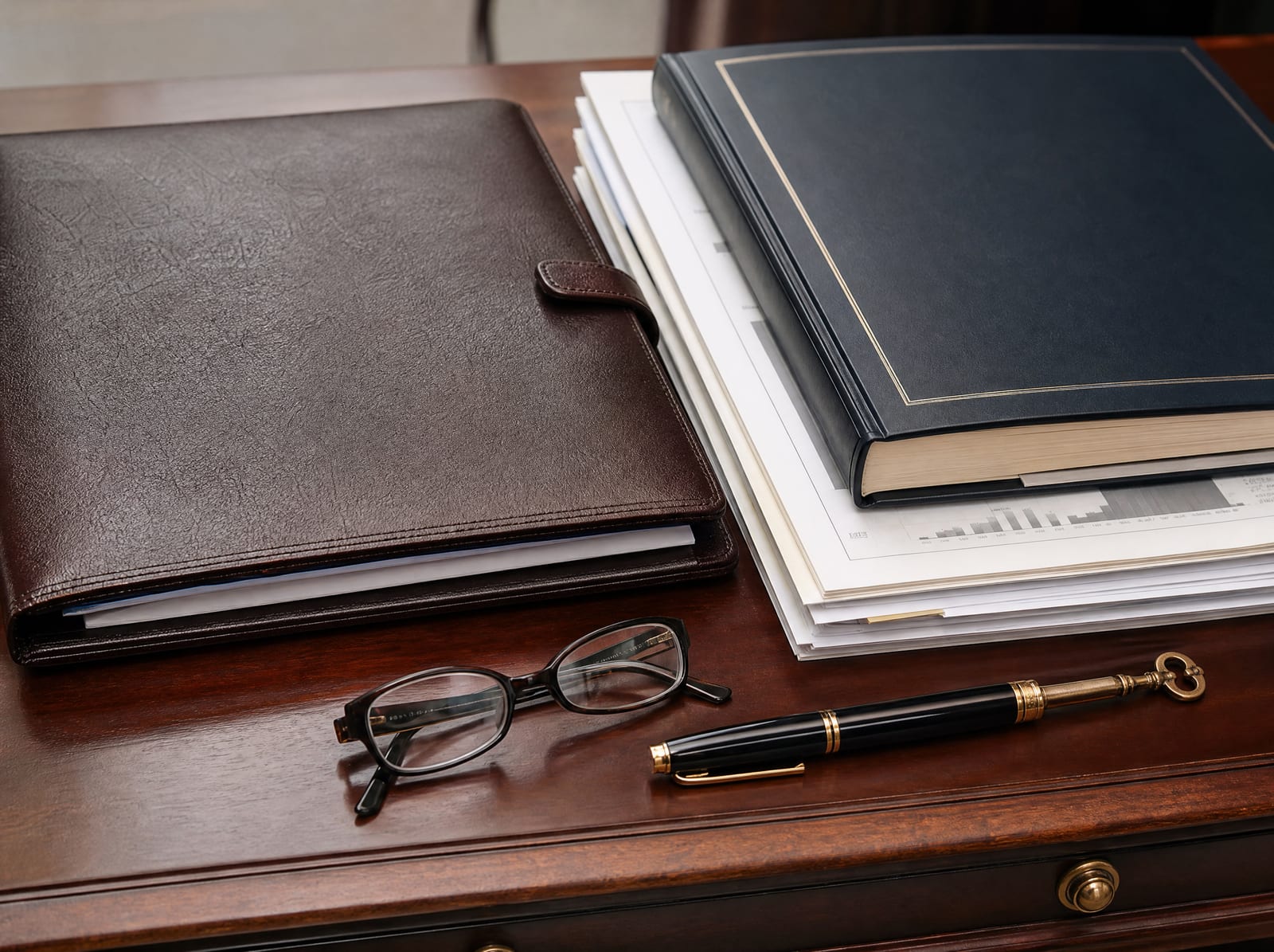 A close view of a fine leather document portfolio, neatly stacked financial statements, and a bound estate-plan booklet on a polished mahogany desk, with a fountain pen, reading glasses, and a brass key, suggesting a complex high-value estate