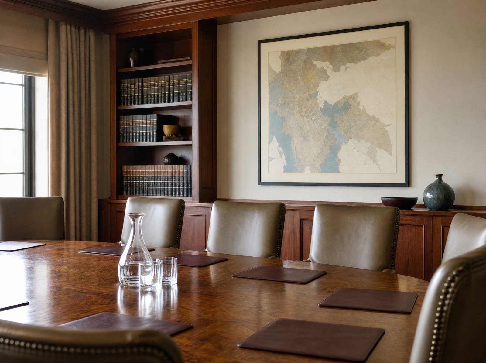 A refined private conference room for family business governance, with a long polished wood table, upholstered leather chairs, a shelf of law books, and warm wood paneling, set for a family limited partnership meeting