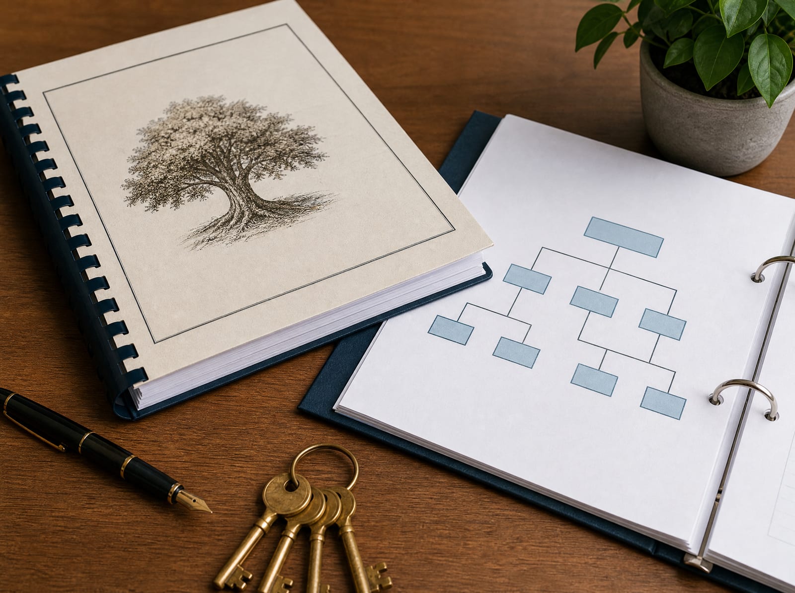 A close view of a bound business-succession plan and an organizational-chart binder on a warm wood desk, with a fountain pen, a set of brass keys, and a small potted plant, suggesting the orderly handover of a family enterprise