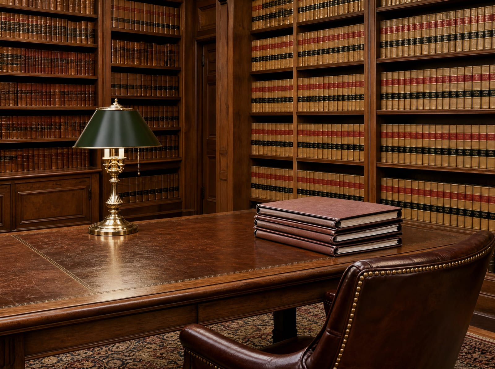 A distinguished, established law-firm library reflecting decades of practice, with floor-to-ceiling shelves of well-worn bound law reporters, a wood reading table with a green-shaded brass banker's lamp, and a leather chair