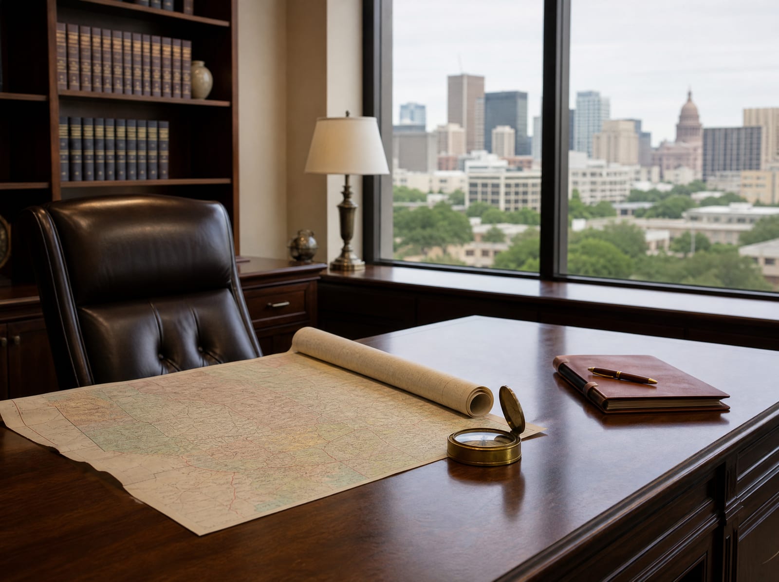 A refined attorney's office with a dark-wood desk and leather chair, a rolled regional map and a brass compass on the desk, a bound folder and a fountain pen, and a large window revealing a soft Texas cityscape beyond