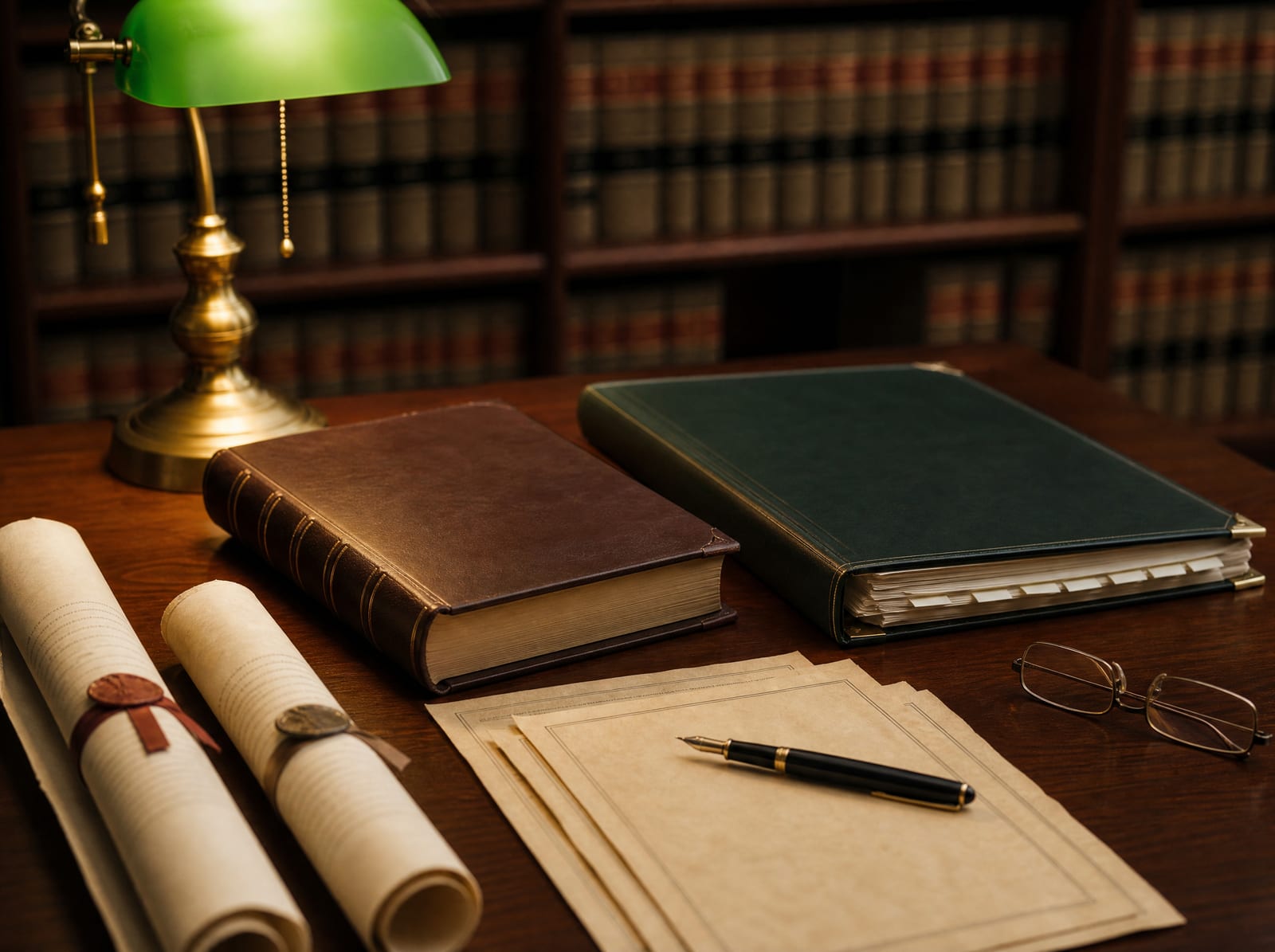 A warm law-office desk arranged for settling a large estate: a bound will, a tabbed trust binder, property deeds, reading glasses, and a fountain pen, with shelves of law books behind