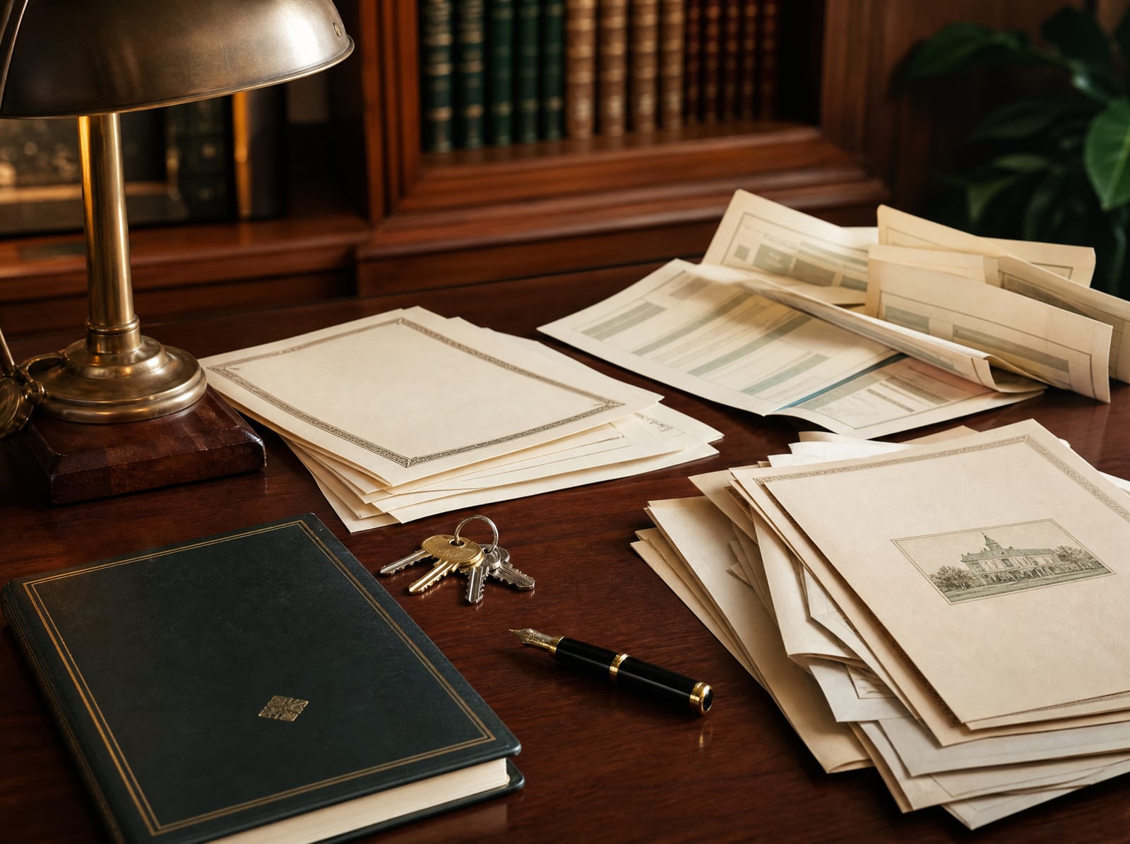 A wood desk showing the diverse assets of a high-value estate: property deeds, folded financial statements, a bound business agreement, and a ring of keys under a brass lamp