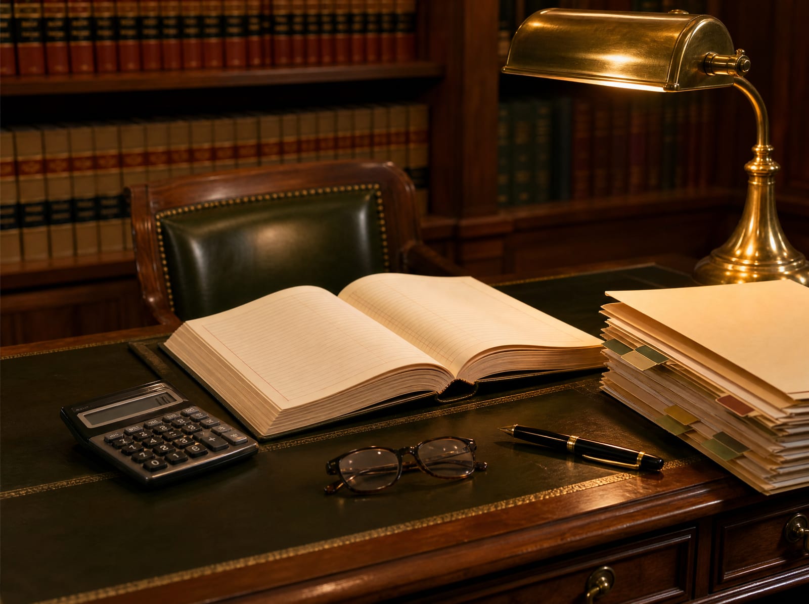 An executor's accounting desk with an open leather-bound ledger, a calculator, labeled file folders, a fountain pen, and reading glasses under a warm banker's lamp