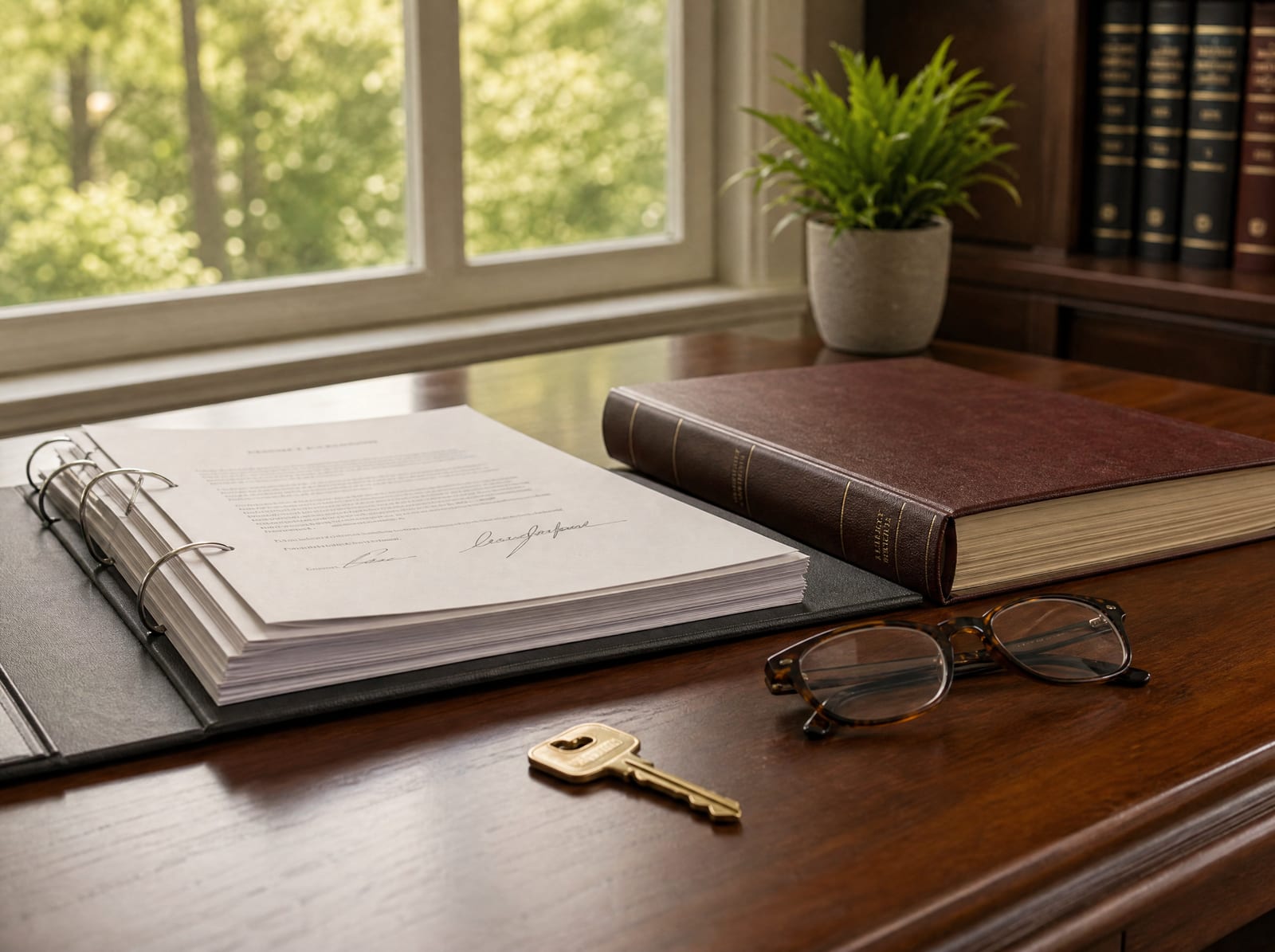 A signed estate-plan binder and a will beside a brass house key and reading glasses on a polished wood desk by a warm window, estate planning flowing into probate