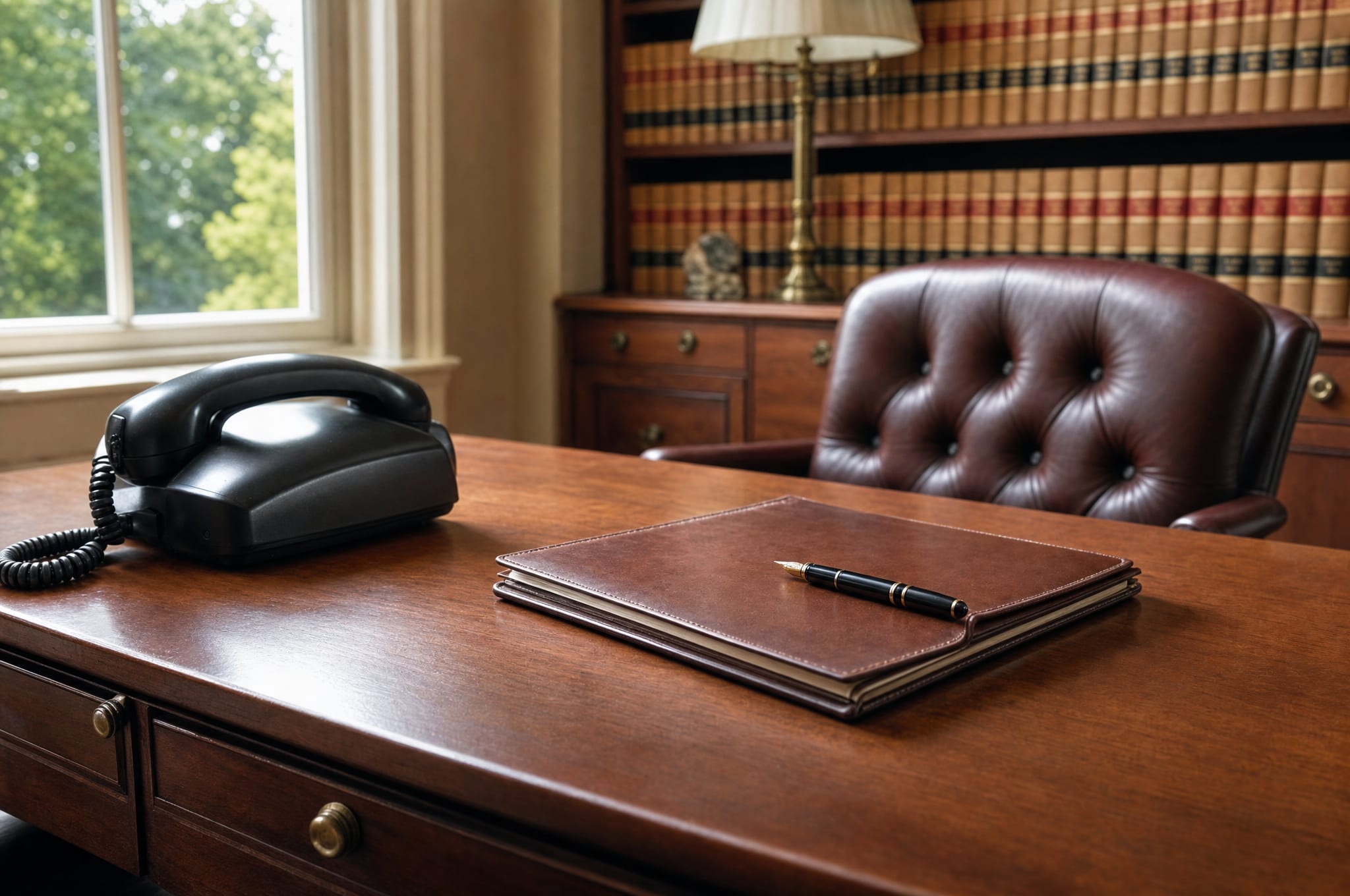 A warm law-office desk with a classic corded telephone, a leather notepad, and a pen in soft daylight