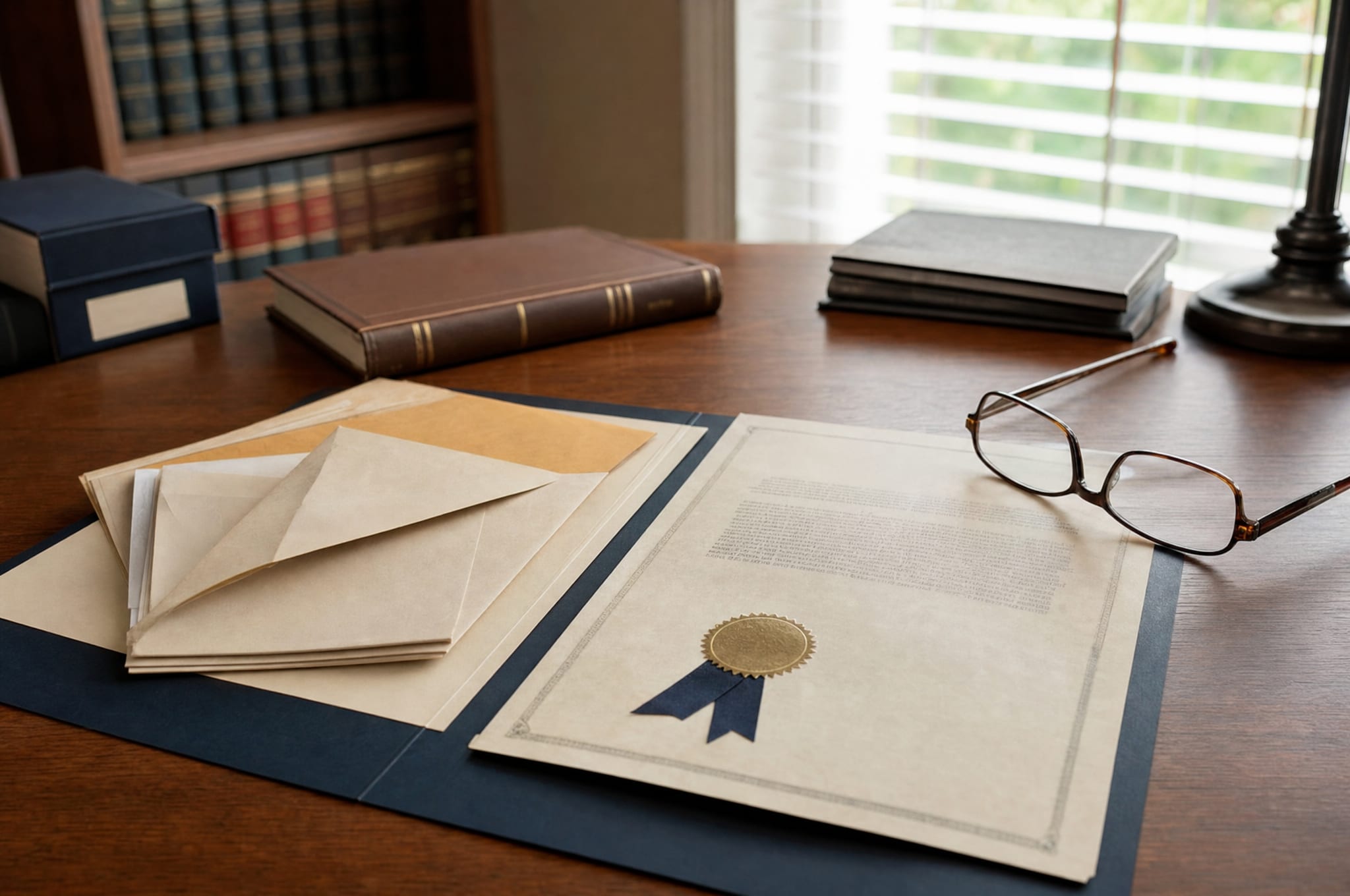 A warm desk with an open estate-planning folder, a will document, and reading glasses in soft daylight