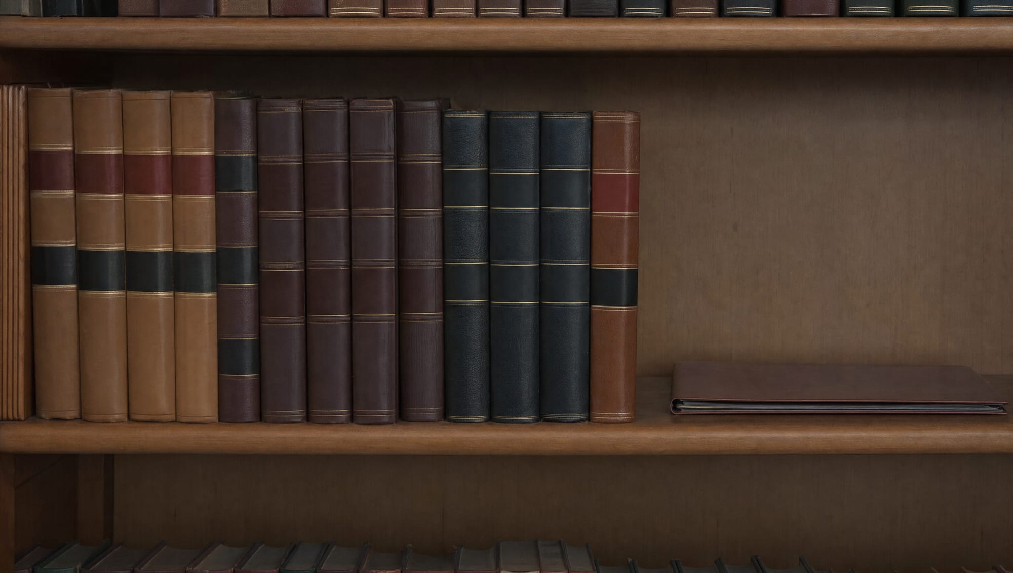 A restrained, softly lit view of a law-firm library, a quiet row of bound law books on a wood shelf, muted and calm