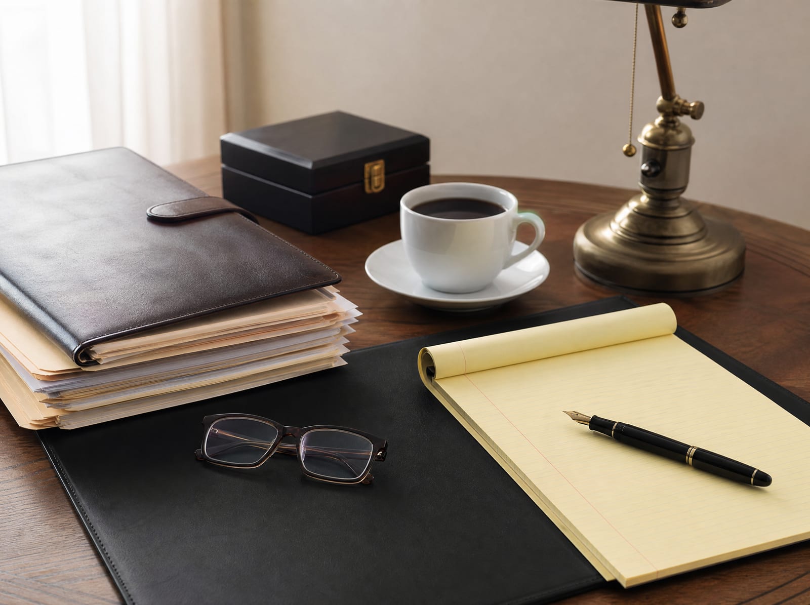 A case file and folder, a legal pad with a fountain pen, reading glasses, and a coffee cup on a warm wood desk, for an initial case assessment
