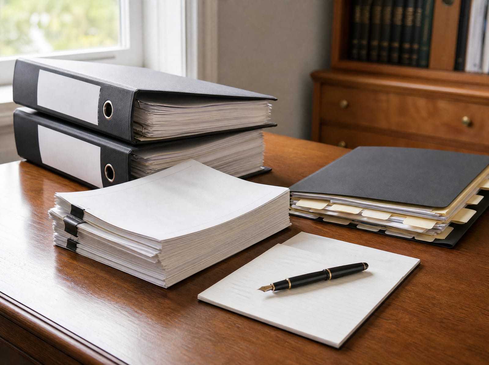 Labeled discovery binders, a stack of pleadings and documents, tabbed exhibits, and a fountain pen on a warm wood desk, for pleadings and discovery