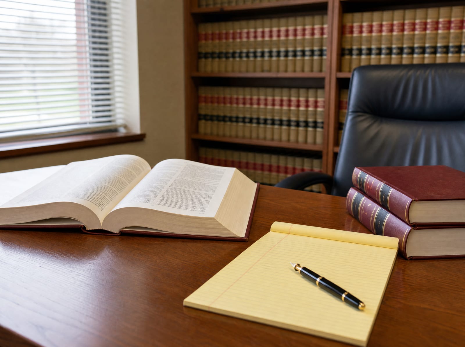 A law-office research desk with open law books, a legal pad, and a fountain pen, for pre-litigation strategy