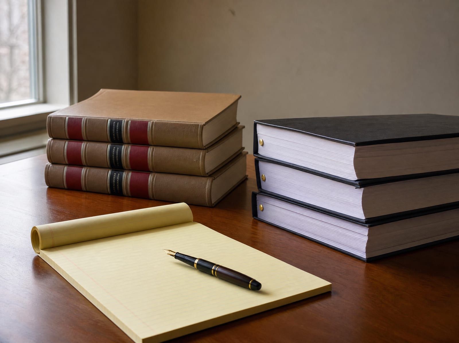 Bound appellate briefs and a stack of law reports, a legal pad, and a fountain pen on a warm wood desk, for post-trial motions and appeals