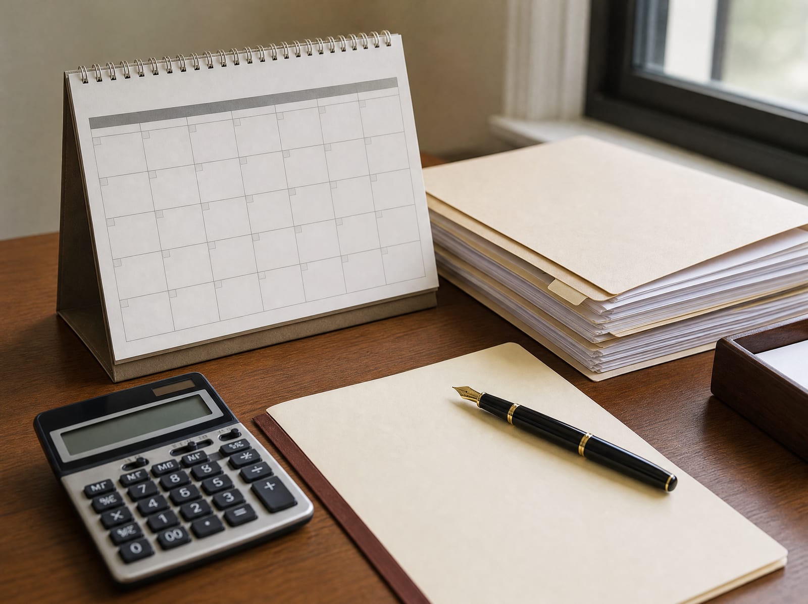 A desk calendar, a folder of documents, a calculator, and a fountain pen on a warm wood desk, representing litigation timelines and costs