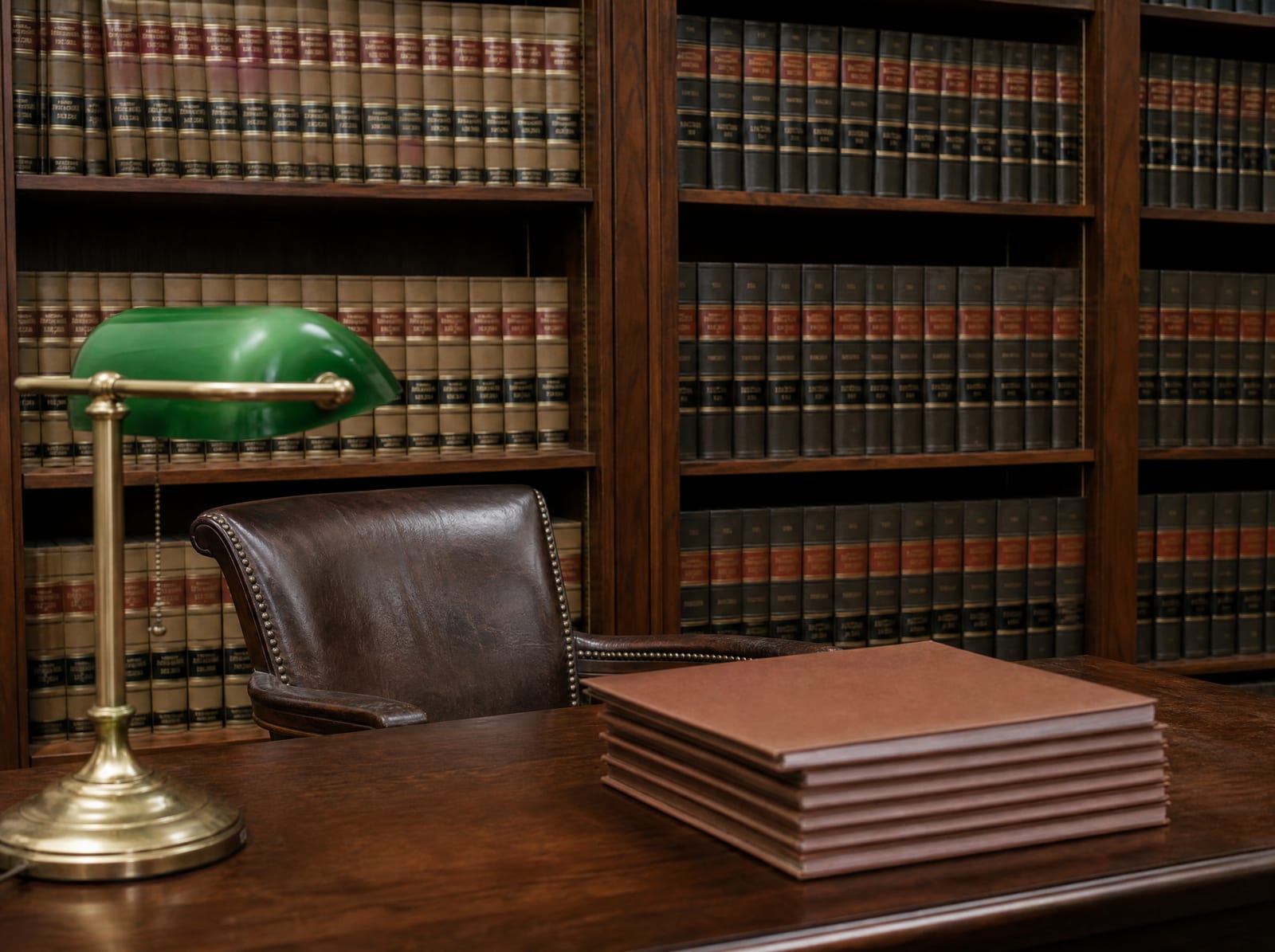 A distinguished, established law-firm library of well-worn bound law reporters with a wood reading table, a green-shaded brass banker's lamp, a leather chair, and a neat stack of closed case files