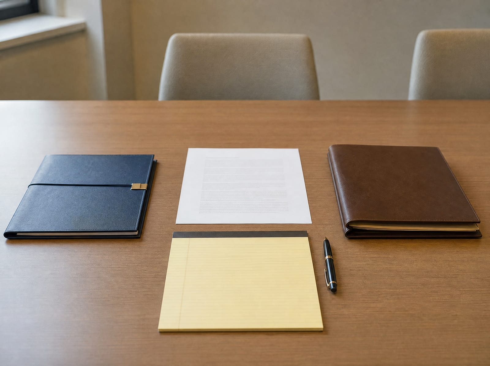 Two folders placed opposite each other on a neutral conference table with a settlement document, a legal pad, and a fountain pen between them, representing a mediated resolution