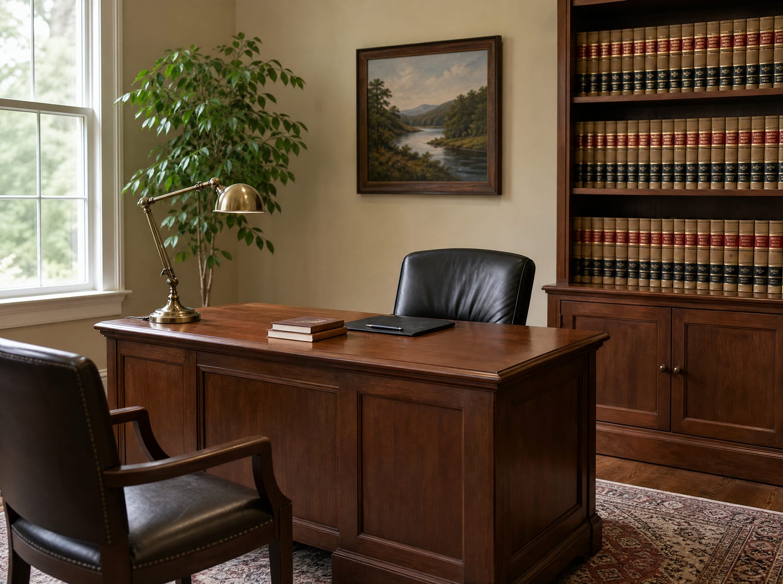 A dignified, welcoming mediator's office with a warm wood desk, a comfortable chair, a shelf of law books, a brass desk lamp, and a leafy plant by a window, calm and impartial