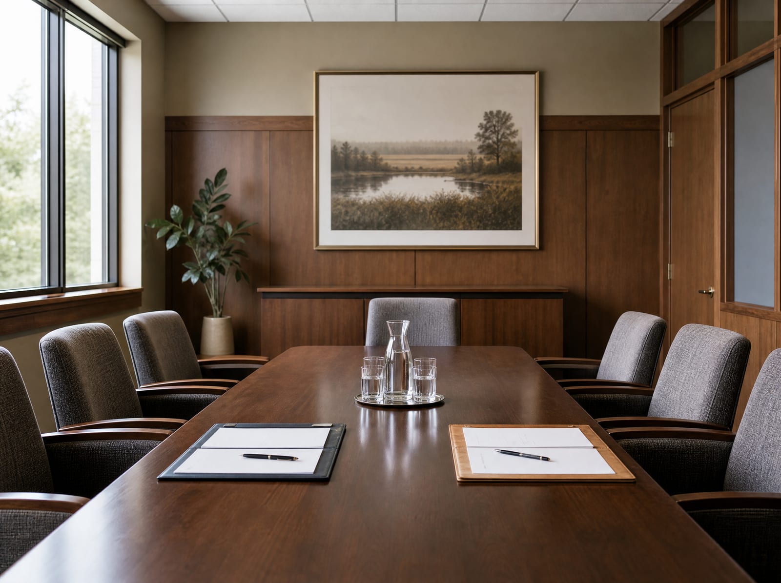 A neutral conference room set for mediating a civil dispute, with a long table, evenly arranged upholstered chairs, two sets of documents, and a water carafe, in a calm wood-paneled room