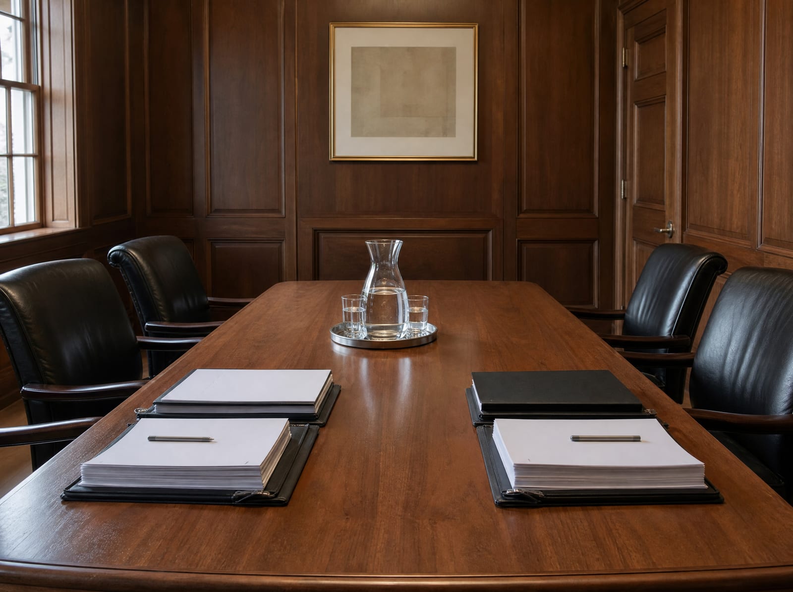 A conference table set for a business ownership dispute, with two facing sets of bound documents and folders, upholstered leather chairs, and a water carafe, in a wood-paneled room
