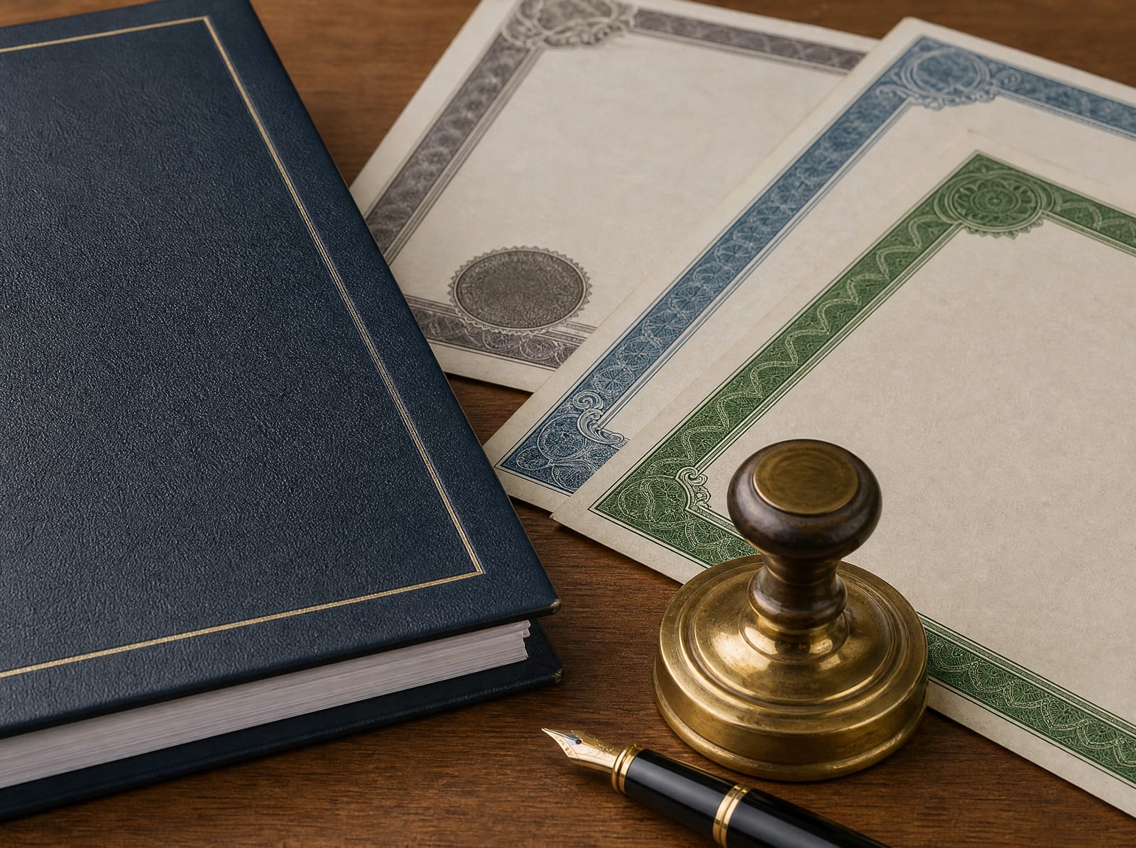 A bound partnership agreement and several formal stock certificates on a warm wood desk with a brass corporate seal and a fountain pen, representing a business ownership dispute