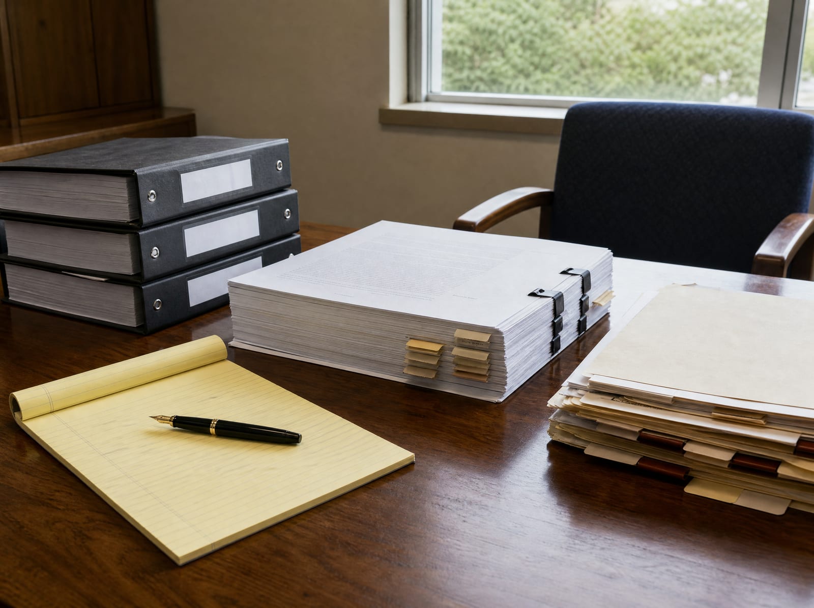 Labeled trial binders, a stack of legal briefs and tabbed exhibits, a legal pad, and a fountain pen on a warm wood desk, prepared for courtroom argument