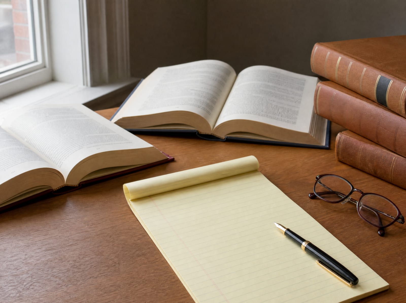 Open bound statute volumes and law books, a legal pad, a fountain pen, and reading glasses on a warm wood desk, representing the legal framework for ownership disputes